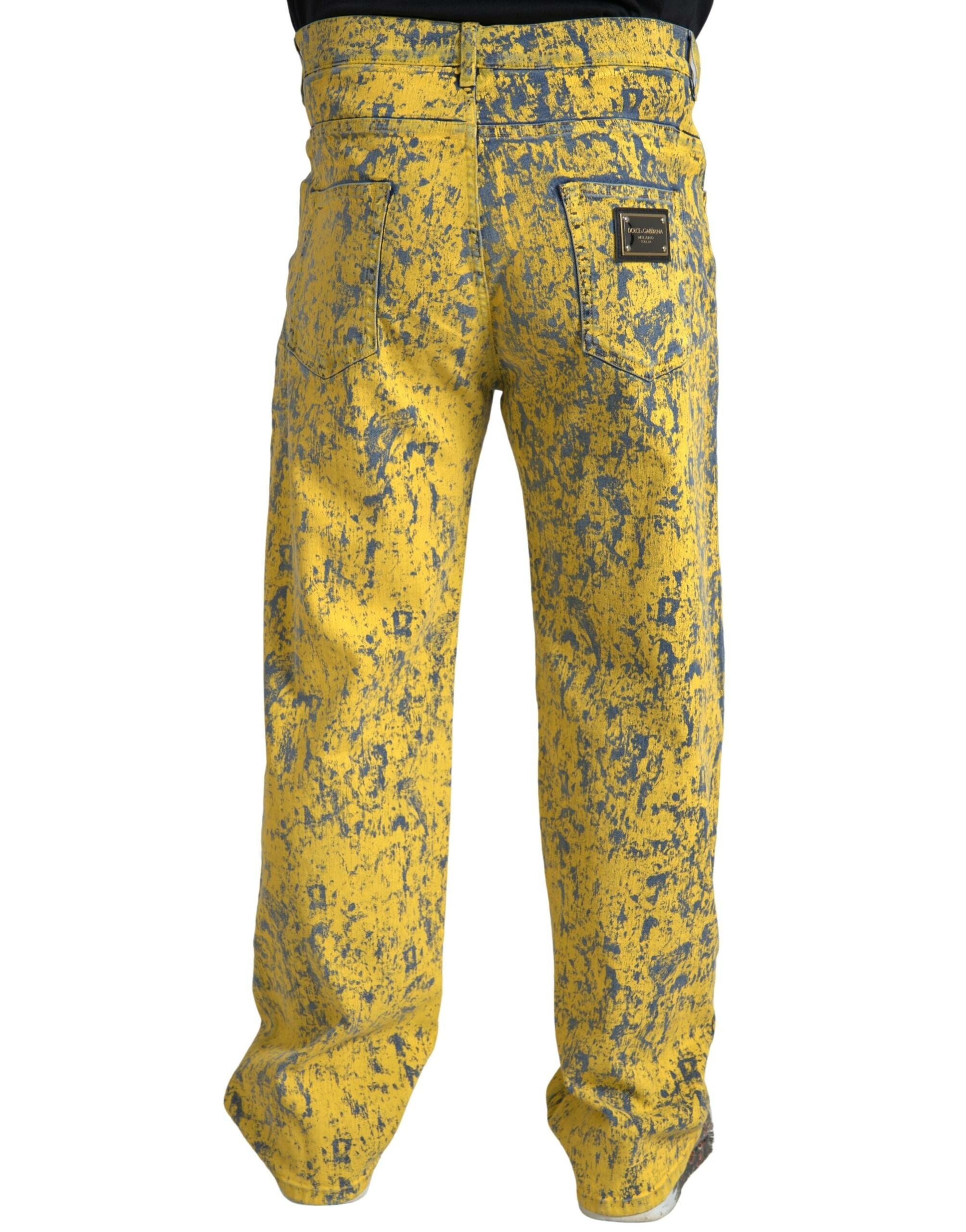 Gele katoenen tie-dye rechte denim jeans