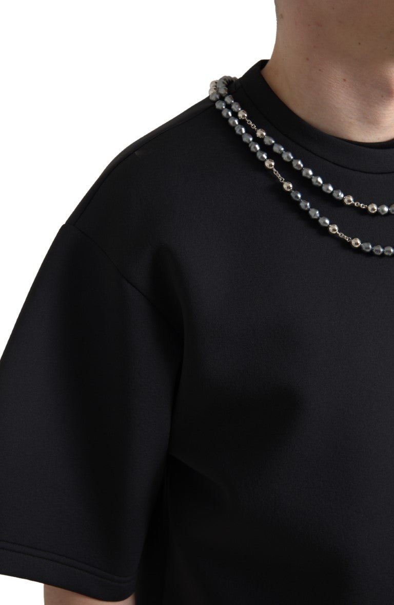 Zwart polyester T-shirt met kettingversiering