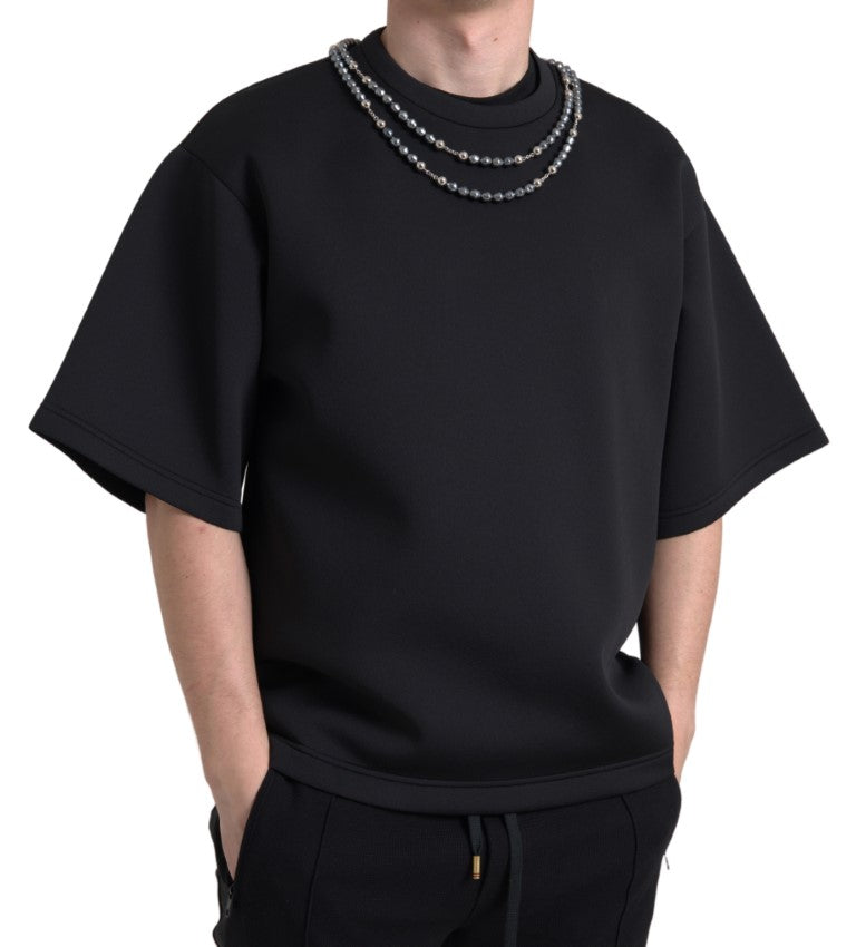 Zwart polyester T-shirt met kettingversiering