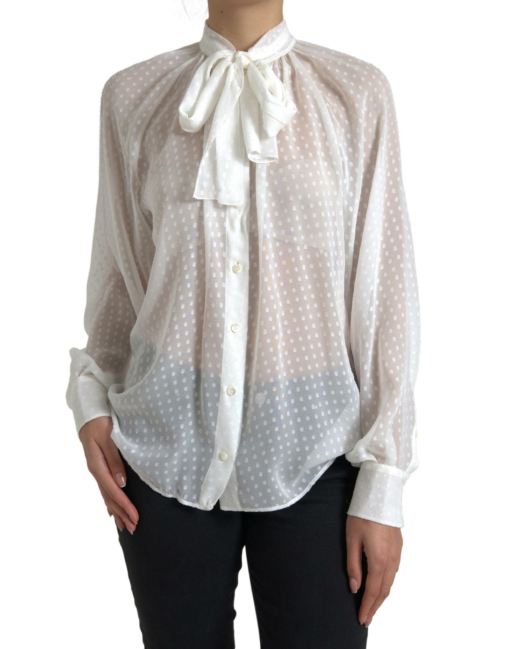 Witte zijden blouse met doorschijnende hals en stippenmotief