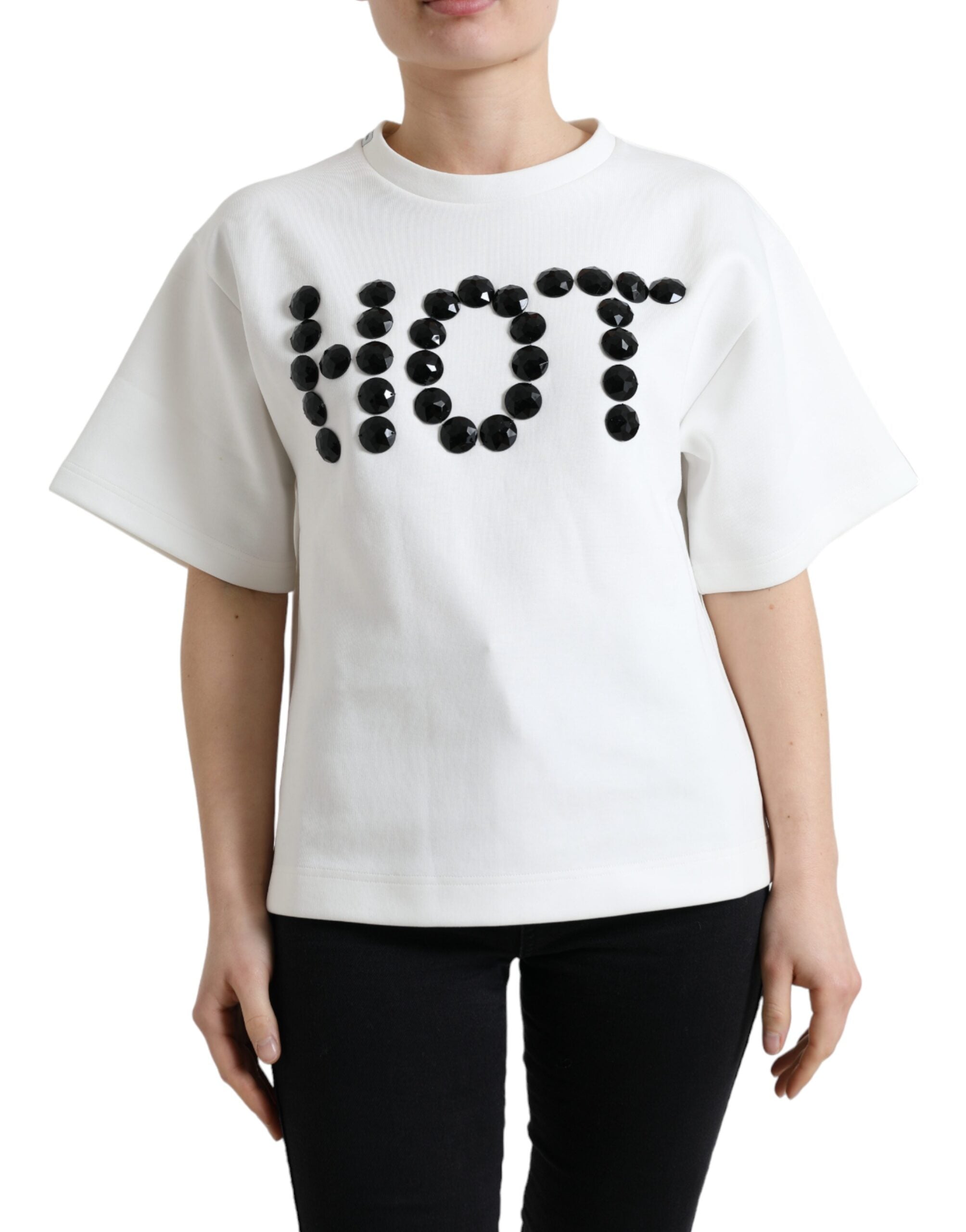 T-shirt Wit Katoen Stretch Zwart HOT Crystal