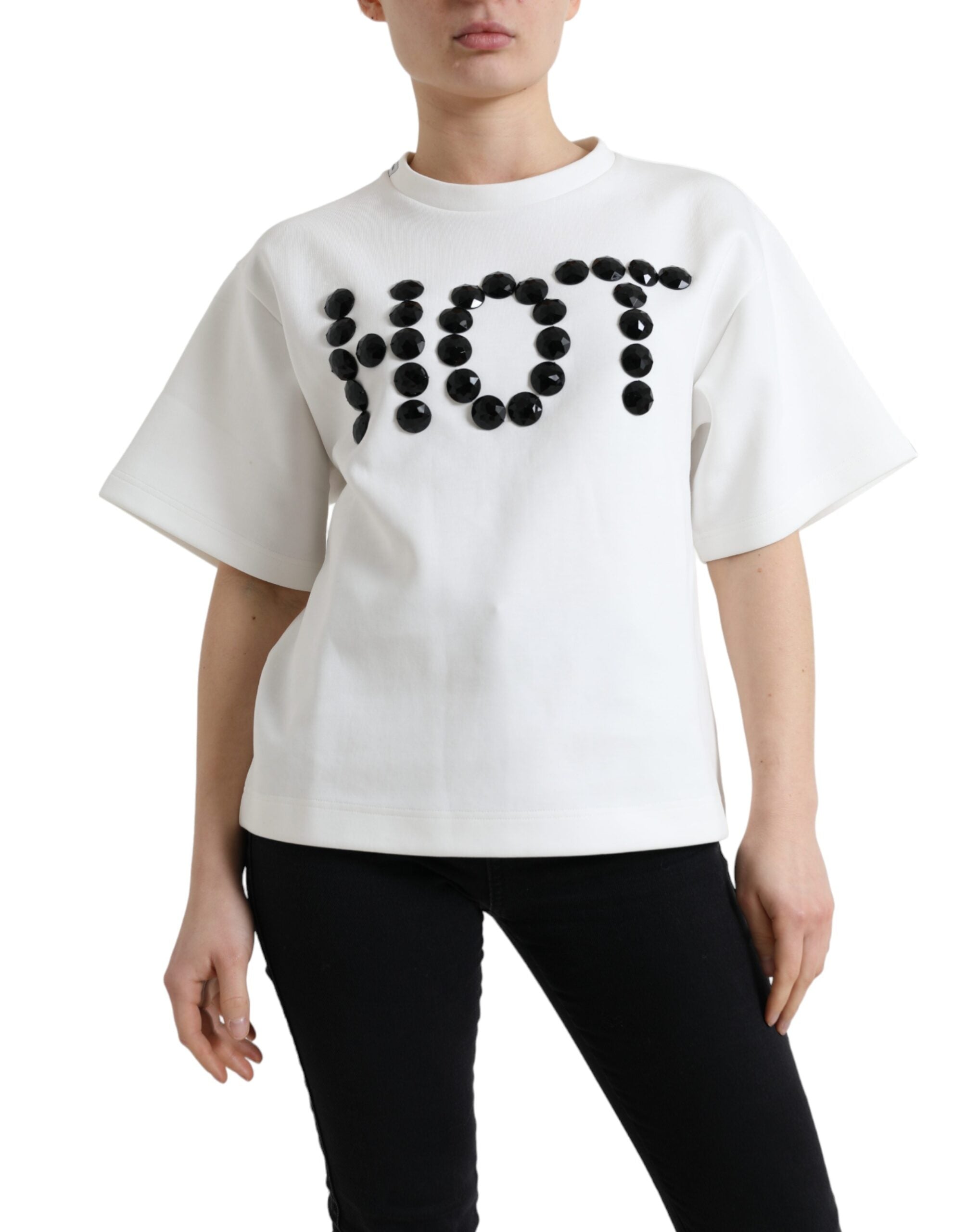 T-shirt Wit Katoen Stretch Zwart HOT Crystal