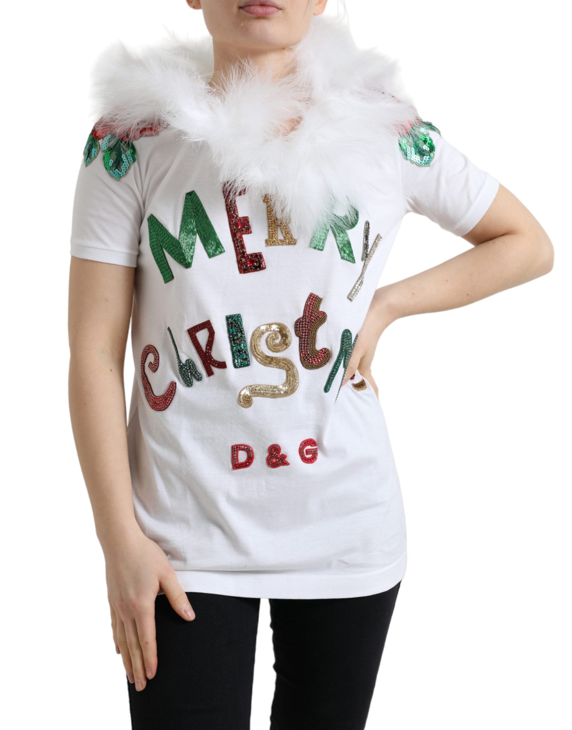 Wit katoenen kerst T-shirt met pailletten en bont