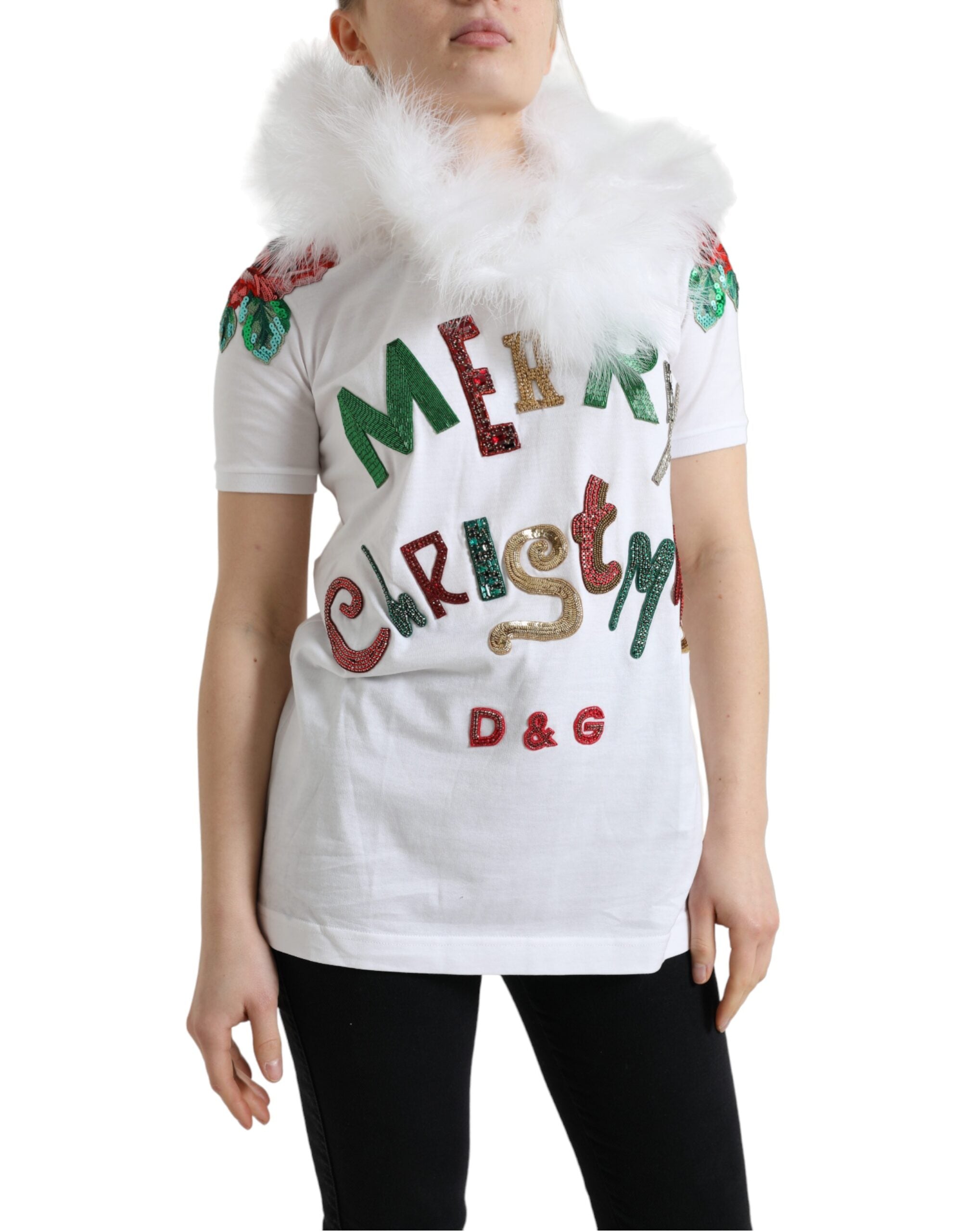 Wit katoenen kerst T-shirt met pailletten en bont