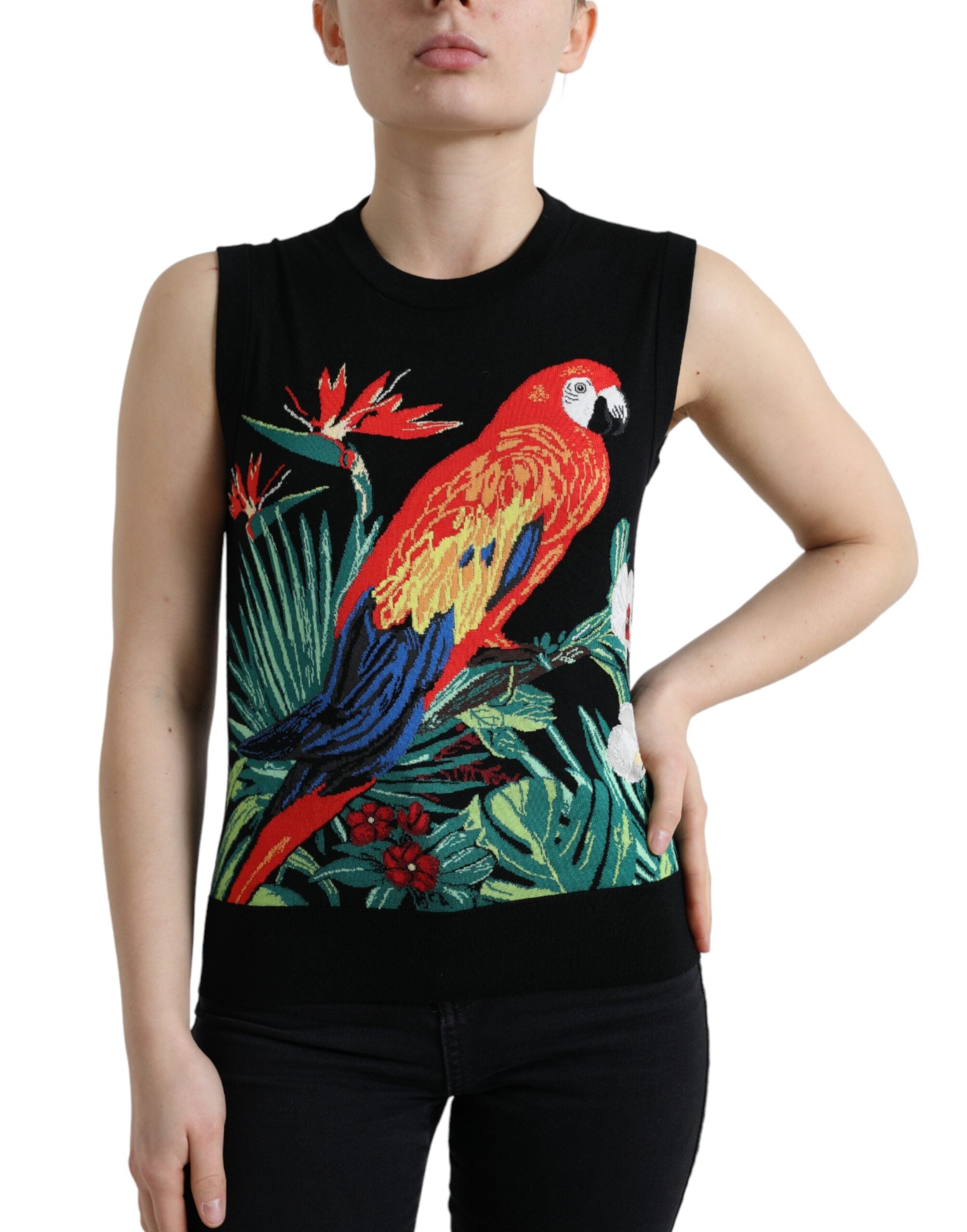 Zwarte vogel wollen gebreide mouwloze tanktop
