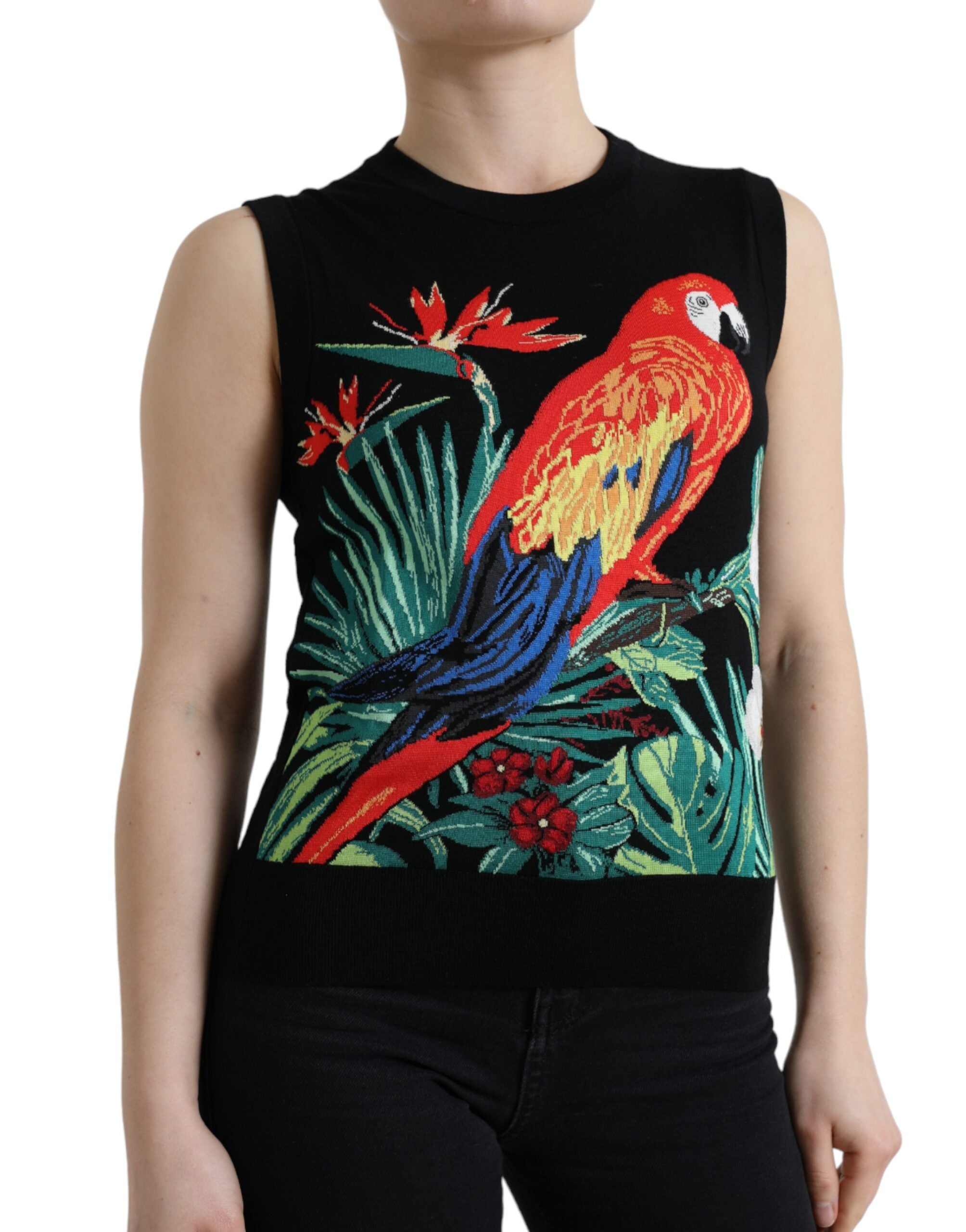 Zwarte vogel wollen gebreide mouwloze tanktop
