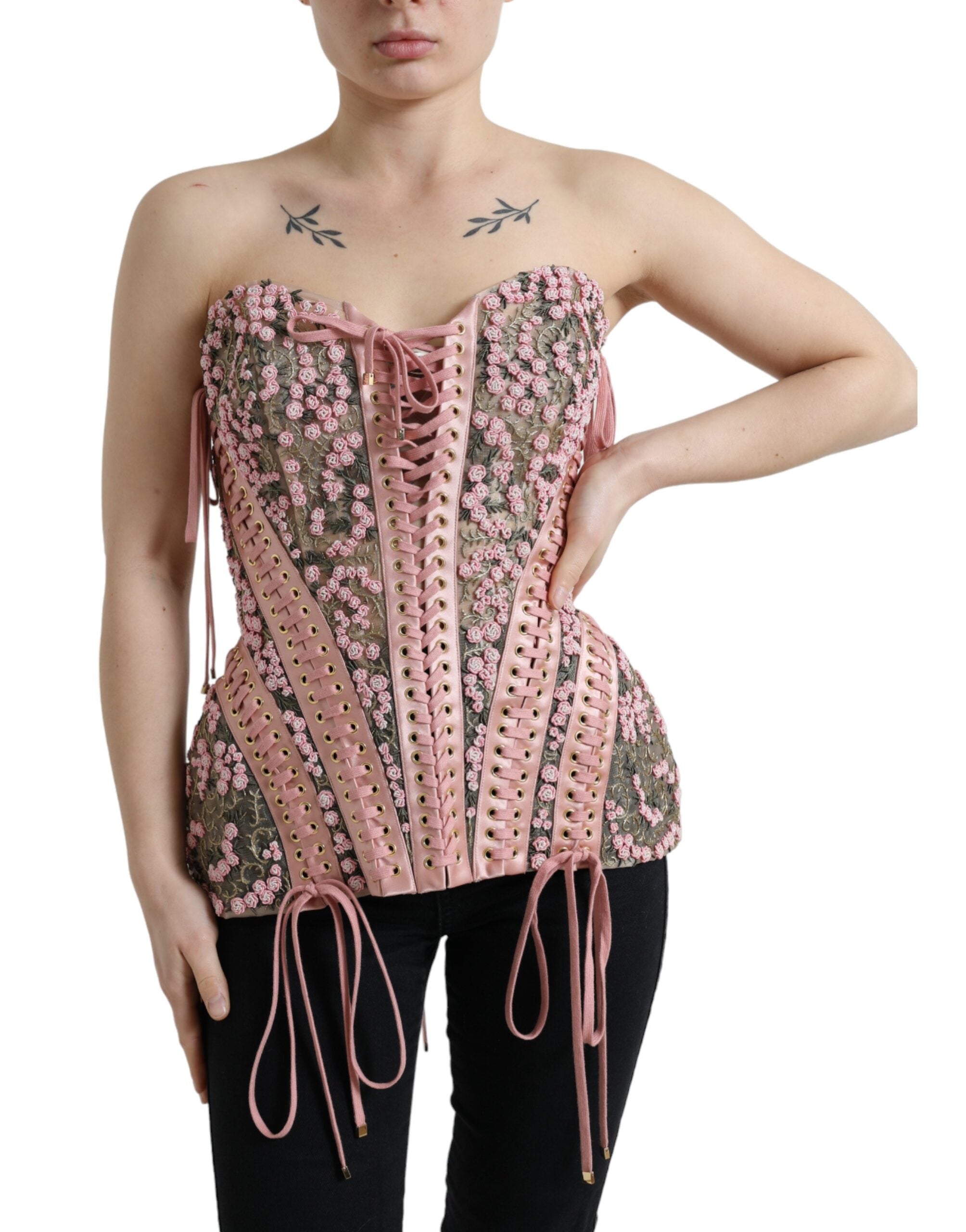 Roze bloemenapplicatie bustier korset top