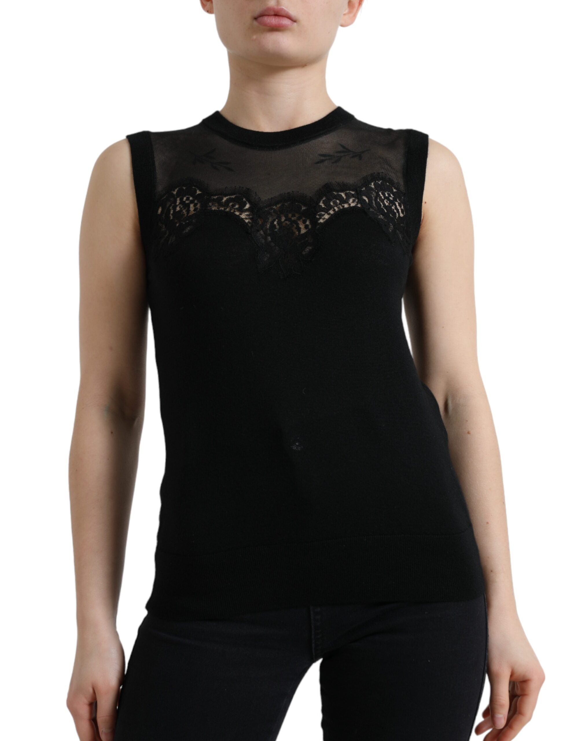 Zwarte tanktop met kanten rand van kasjmier