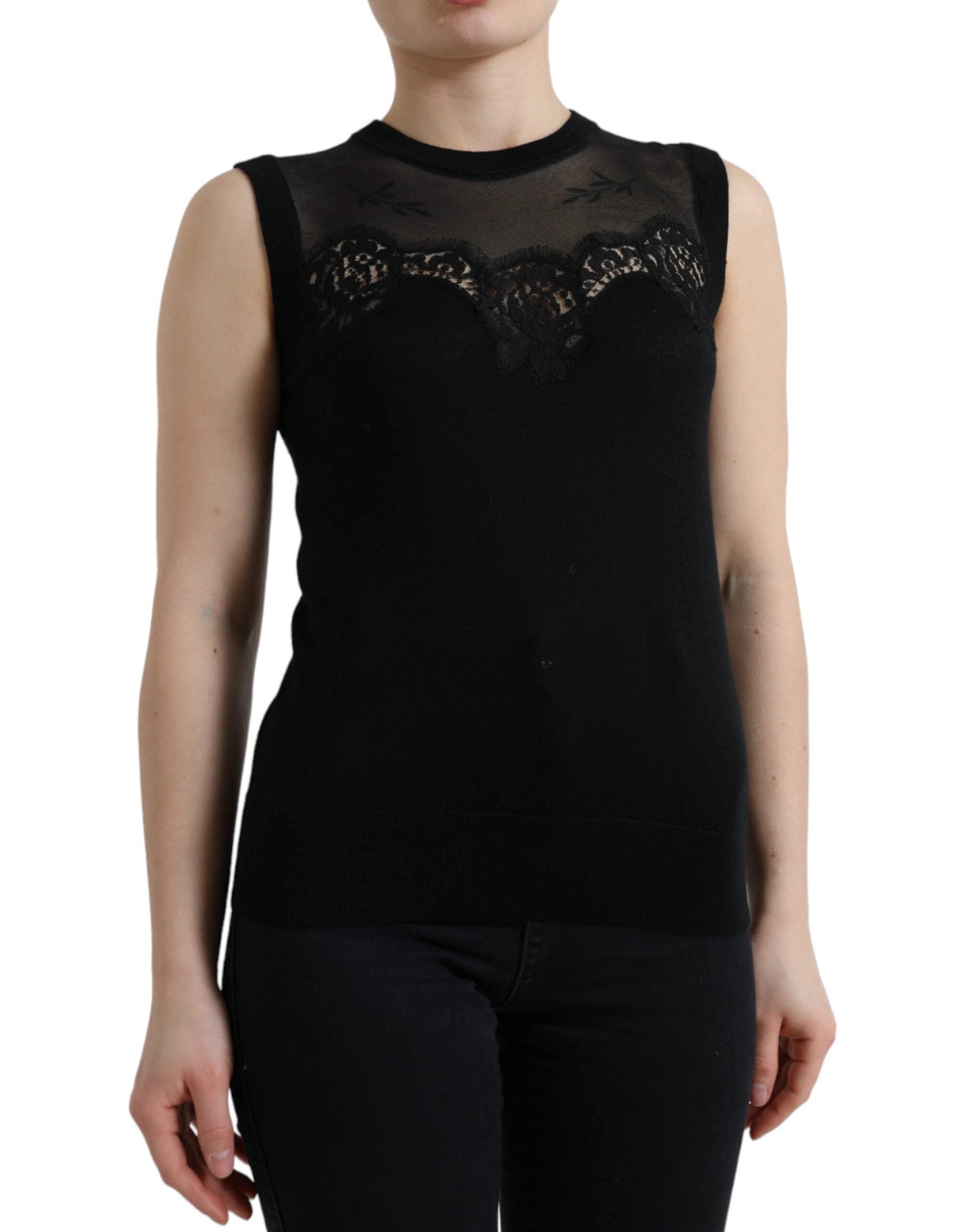 Zwarte tanktop met kanten rand van kasjmier