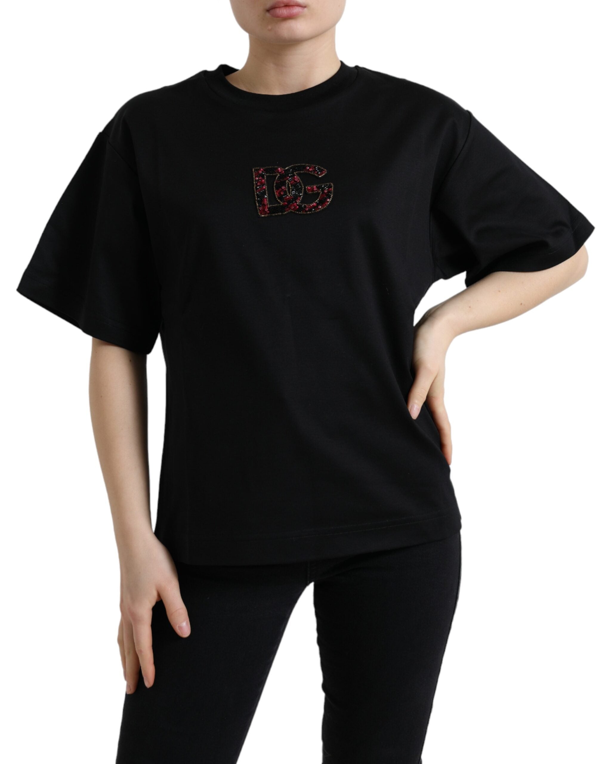 Zwart katoenen DG Crystal T-shirt met ronde hals
