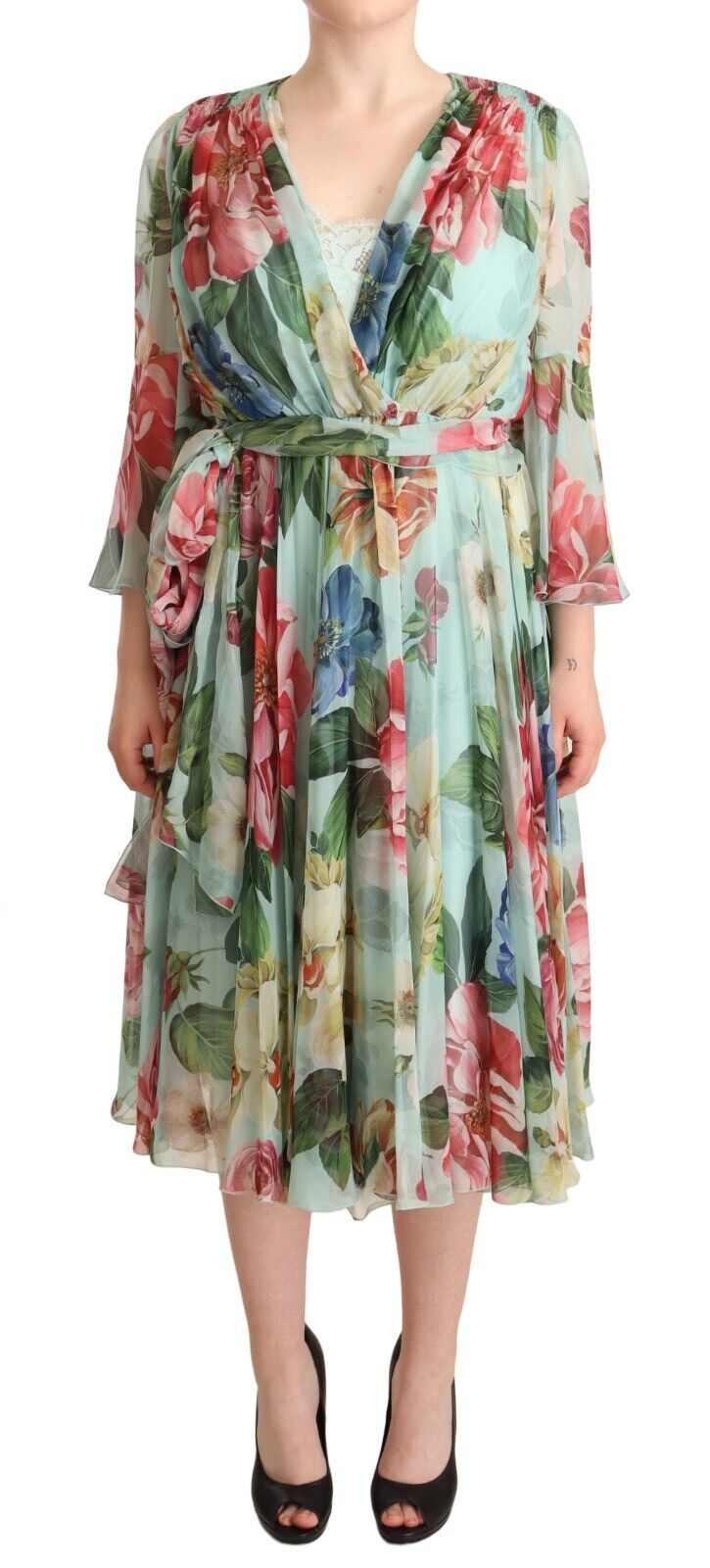 Multicolor groene bloemen zijden wikkel midi-jurk