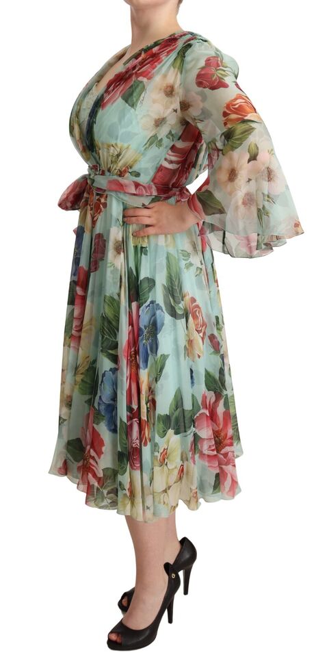 Multicolor groene bloemen zijden wikkel midi-jurk