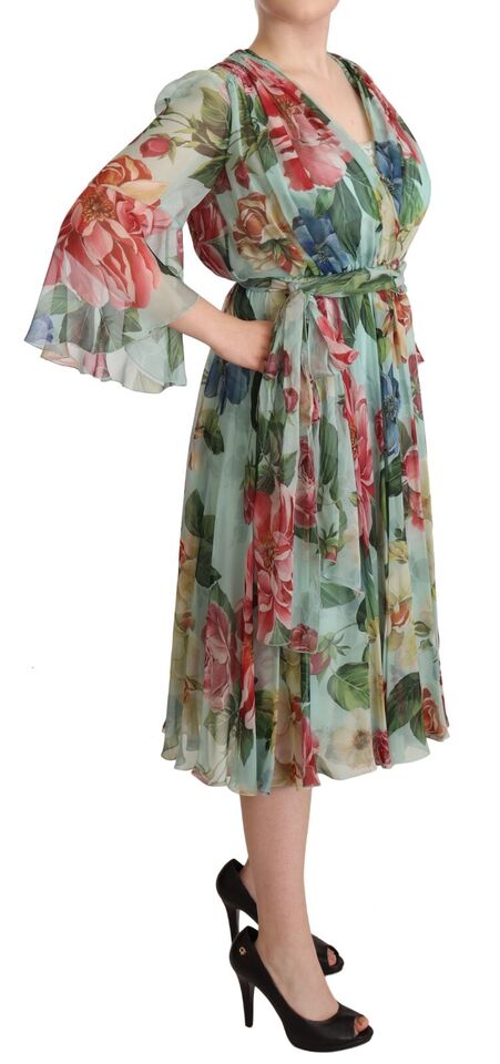 Multicolor groene bloemen zijden wikkel midi-jurk