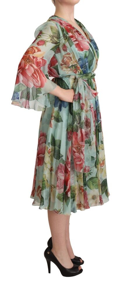 Multicolor groene bloemen zijden wikkel midi-jurk