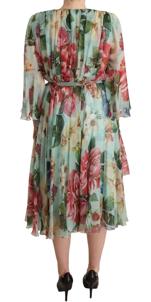 Multicolor groene bloemen zijden wikkel midi-jurk