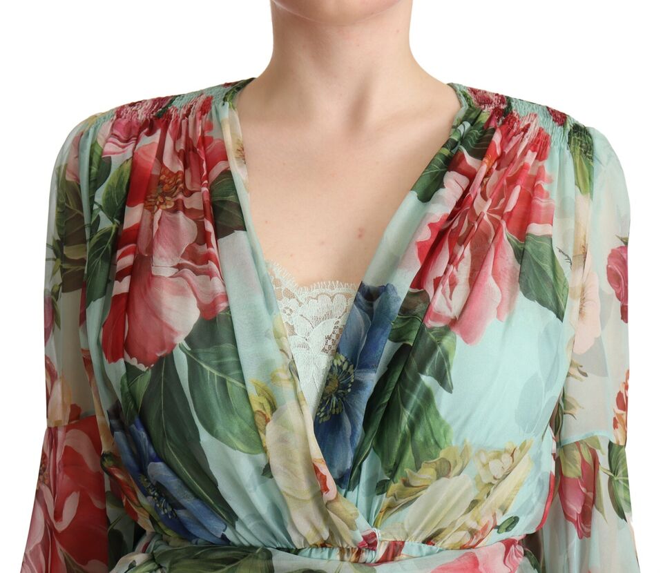 Multicolor groene bloemen zijden wikkel midi-jurk