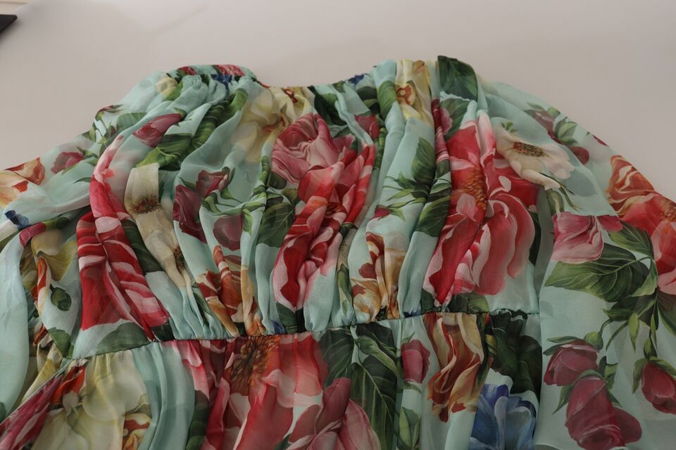 Multicolor groene bloemen zijden wikkel midi-jurk