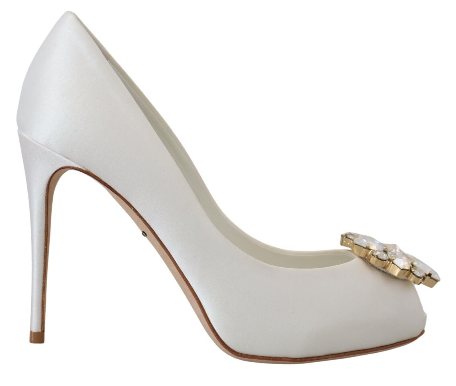 Satijnen pumps met peeptoe en witte kristallen
