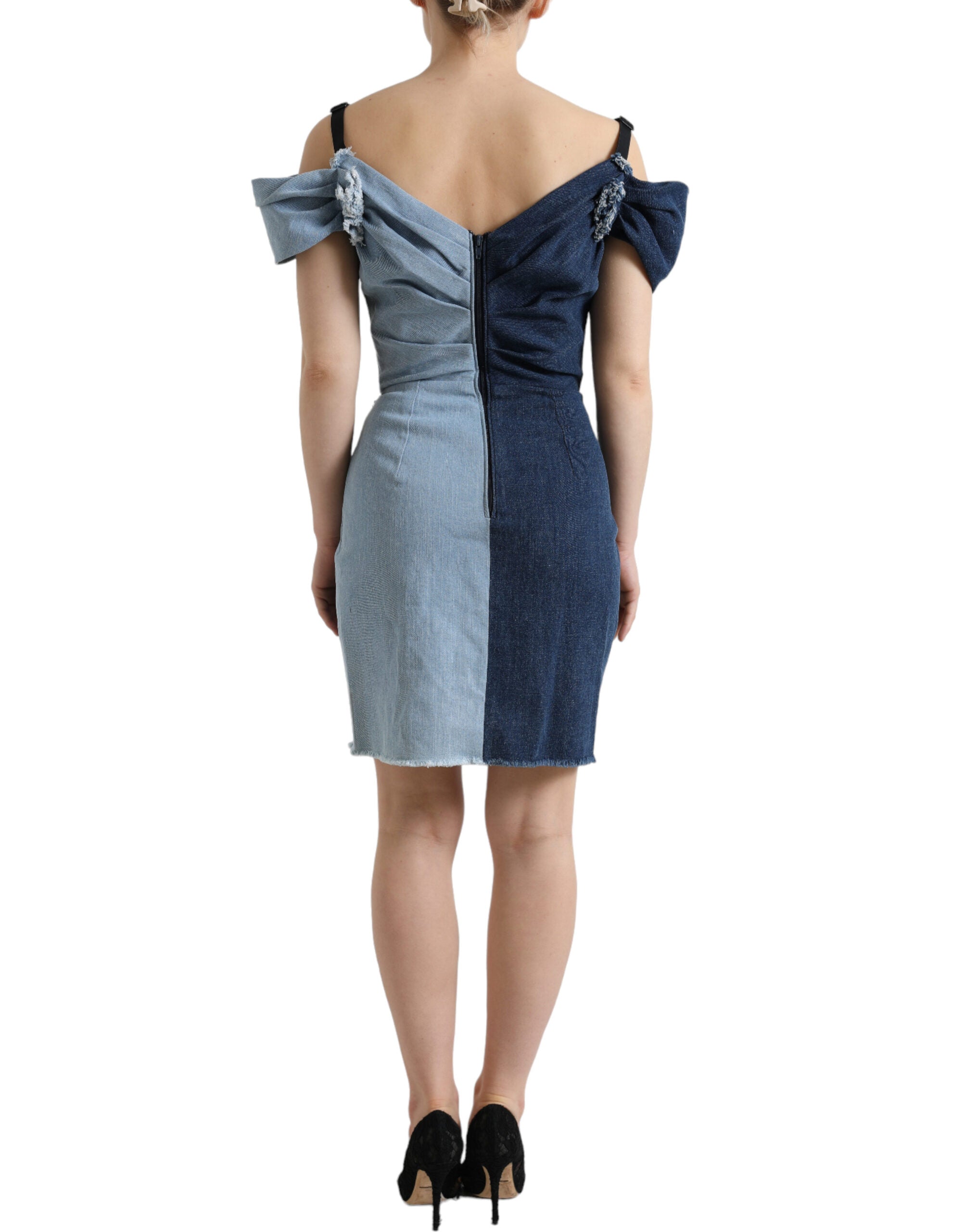 Blauwe patchwork two-tone denim mini-jurk
