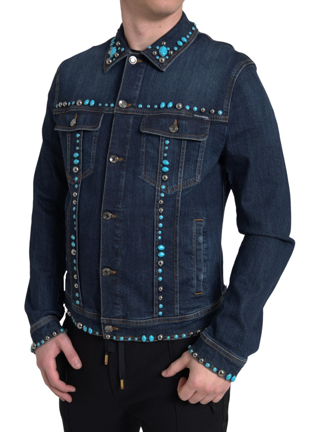 Blauwe denim turquoise stenen studs jas