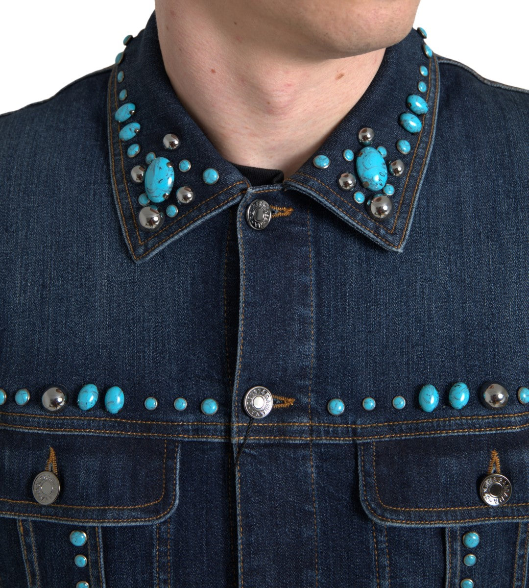 Blauwe denim turquoise stenen studs jas