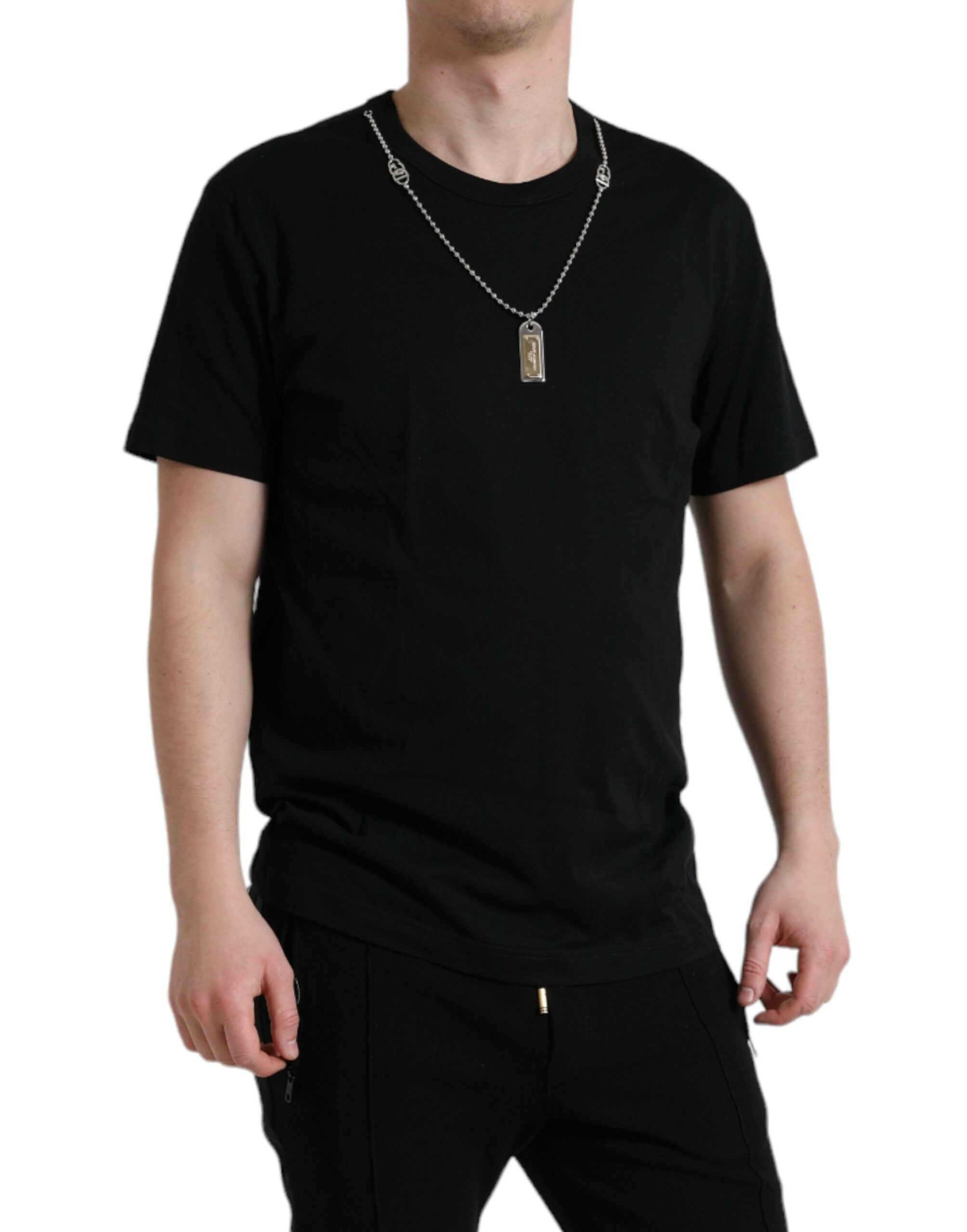 Zwart katoenen T-shirt met ronde hals en hondenpenning