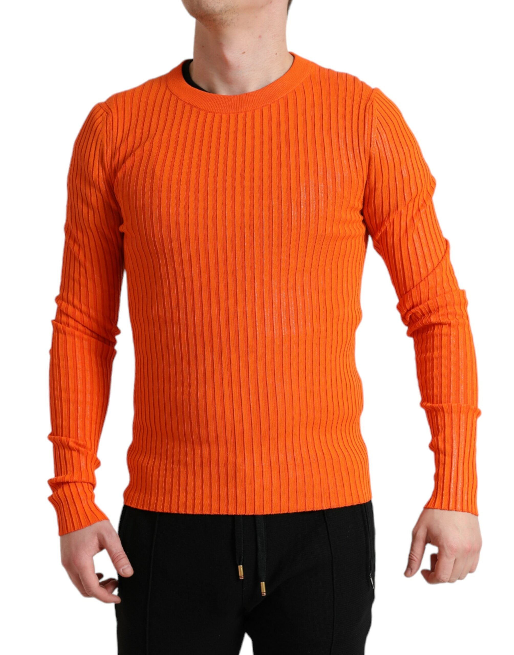 Oranje gebreide ronde hals heren pullover trui