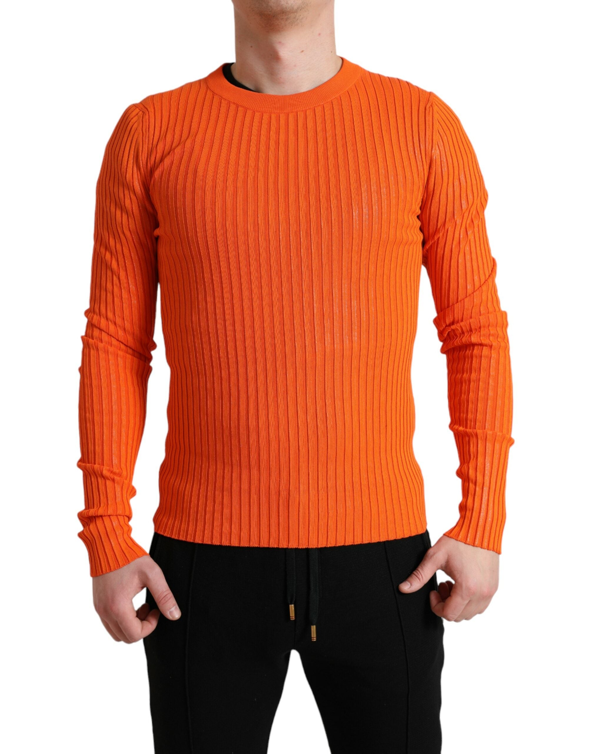 Oranje gebreide ronde hals heren pullover trui