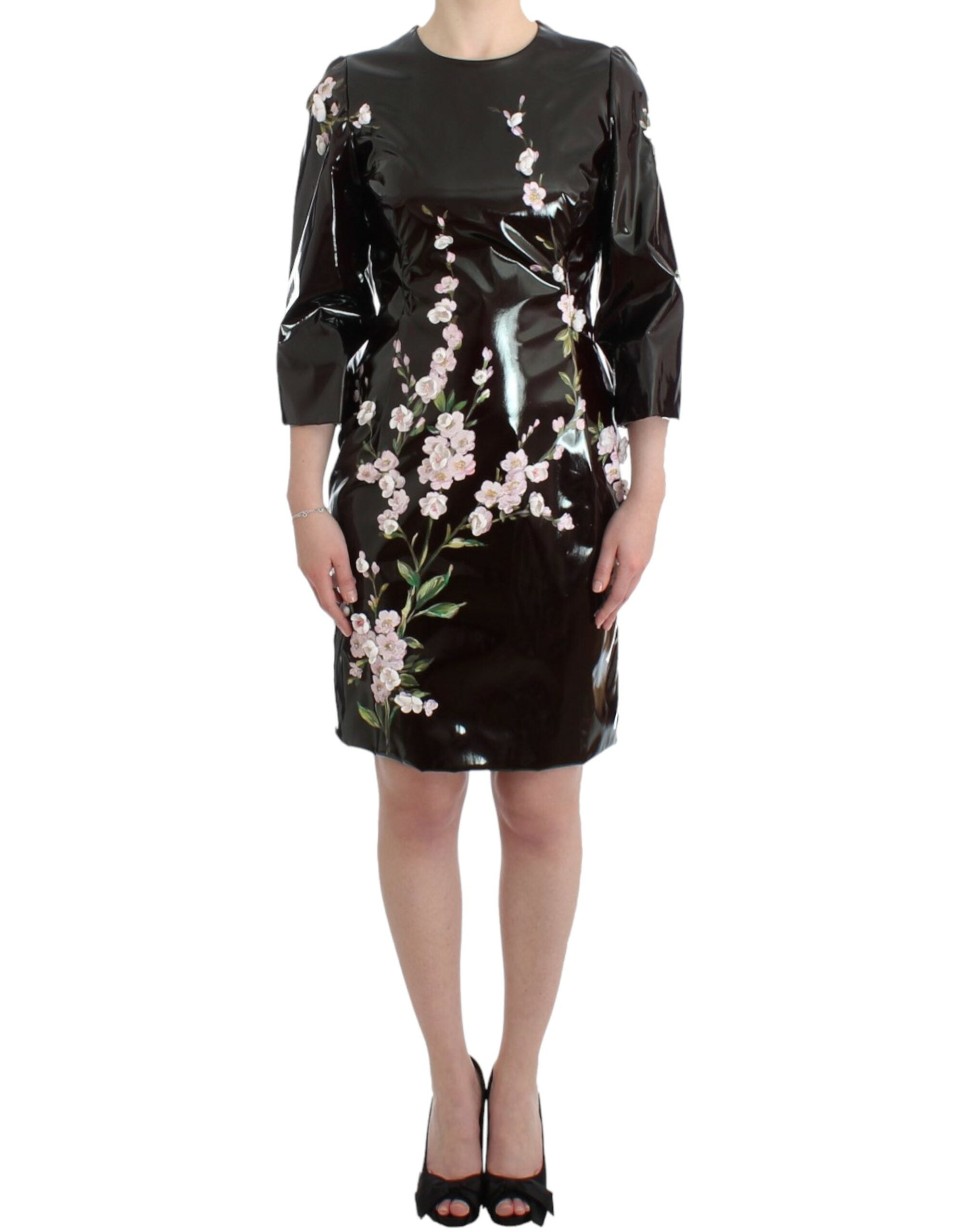 Zwarte lakjurk met HANDBESCHILDERDE bloemenprint