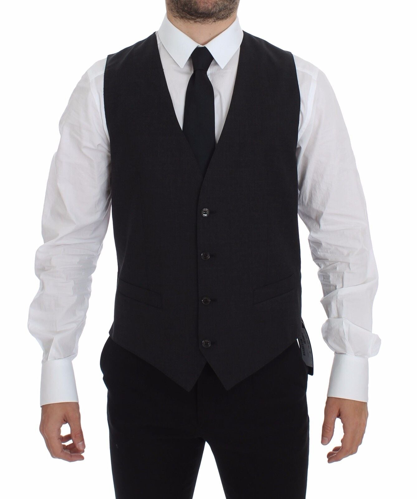 Grijze, slim fit jurk met knoopsluiting en formeel vest