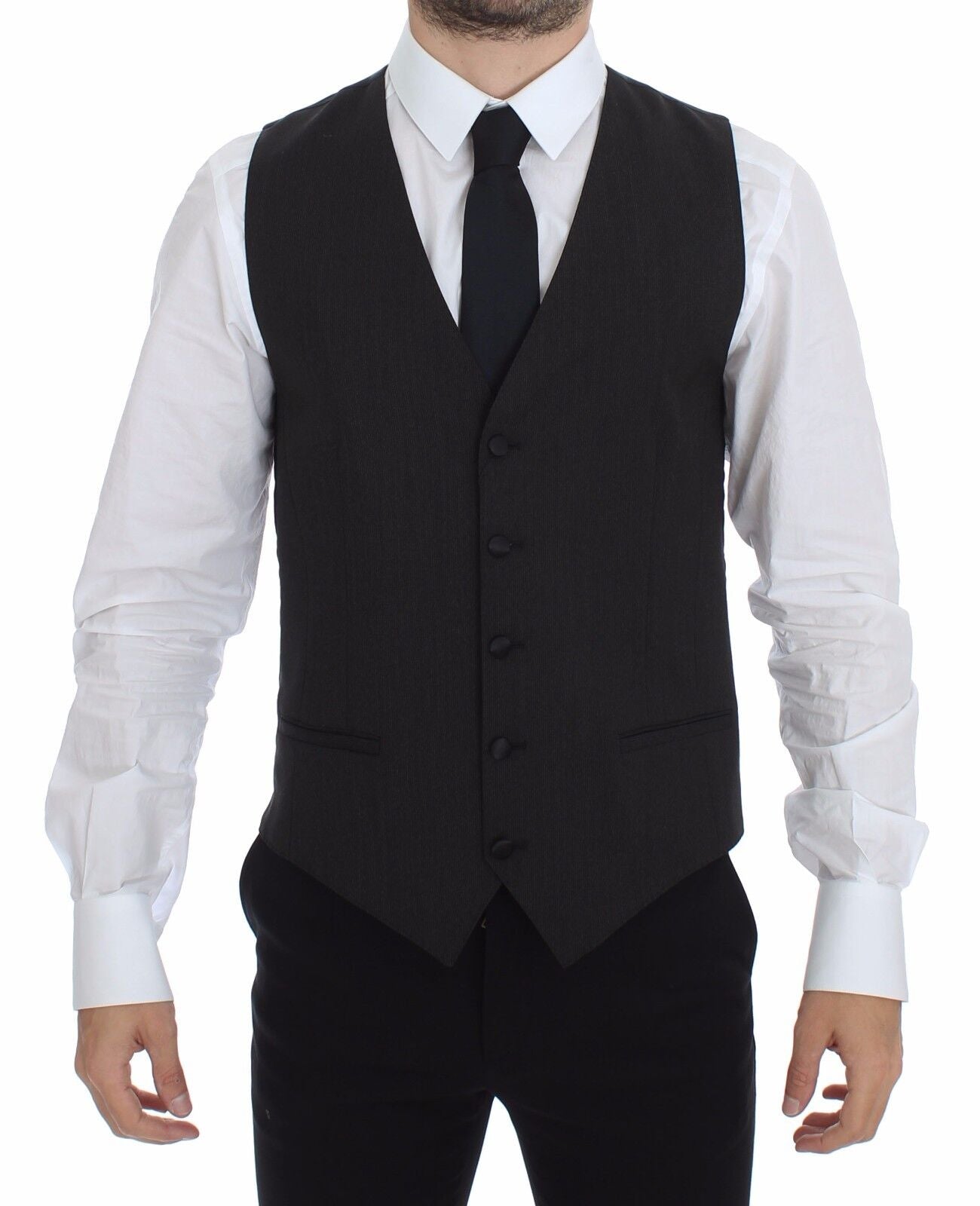 Grijze wollen stretchjurk, vestjas en blazer