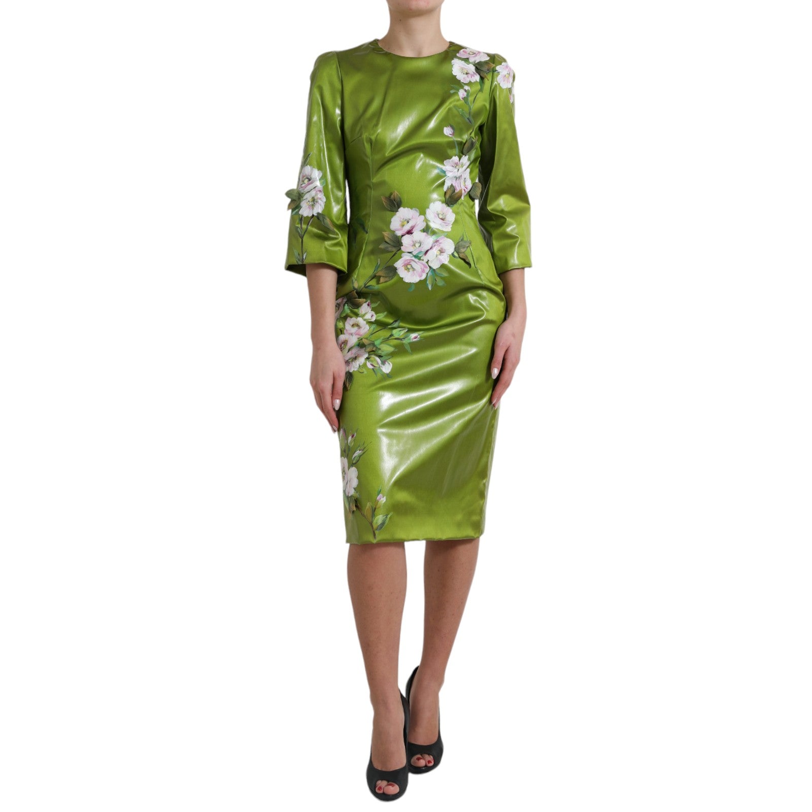 Groene bloemen versierde mantel midi-jurk