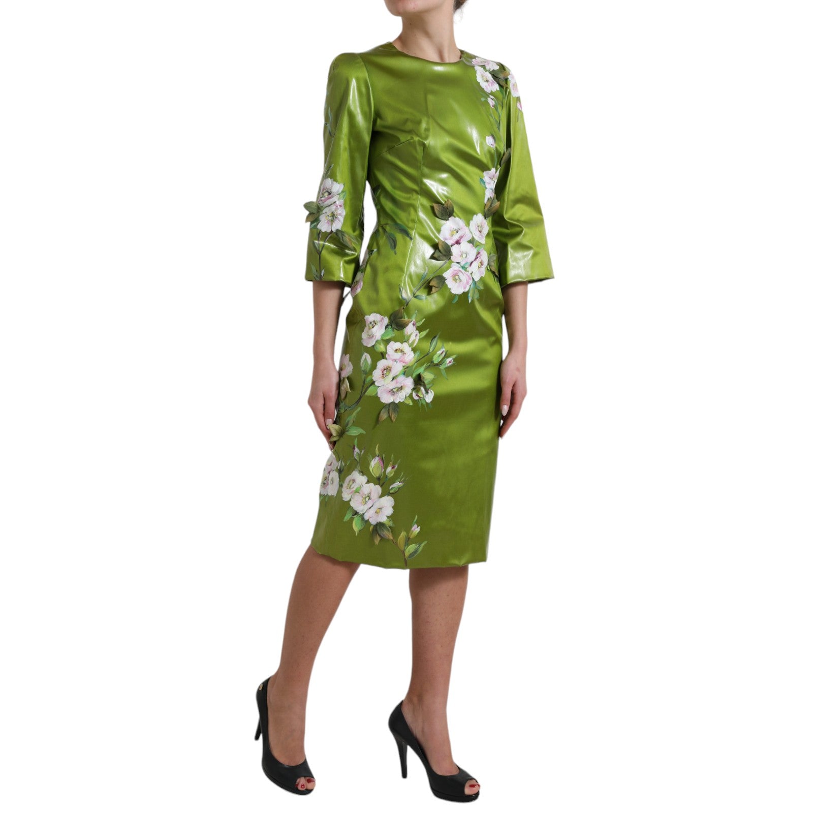Groene bloemen versierde mantel midi-jurk