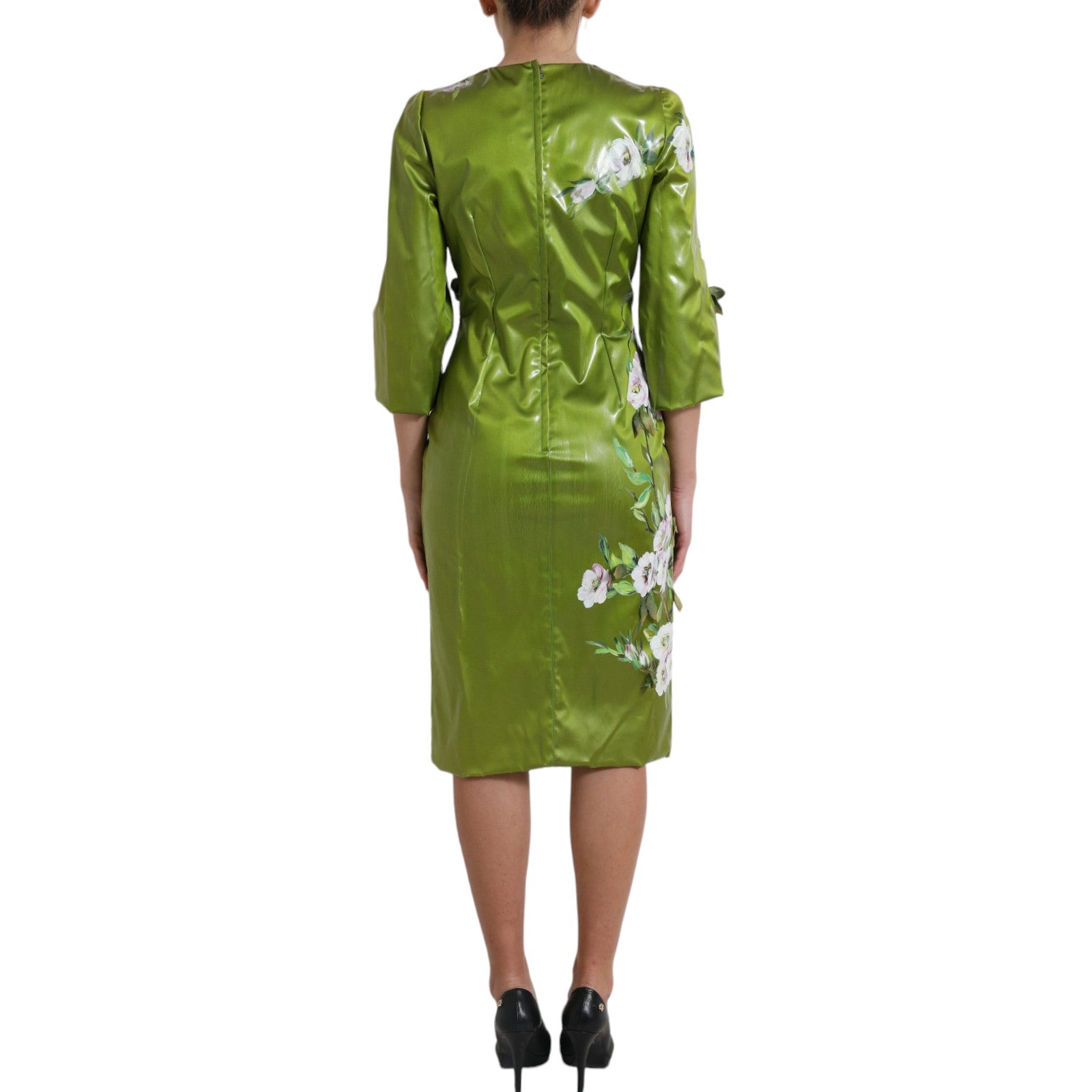 Groene bloemen versierde mantel midi-jurk