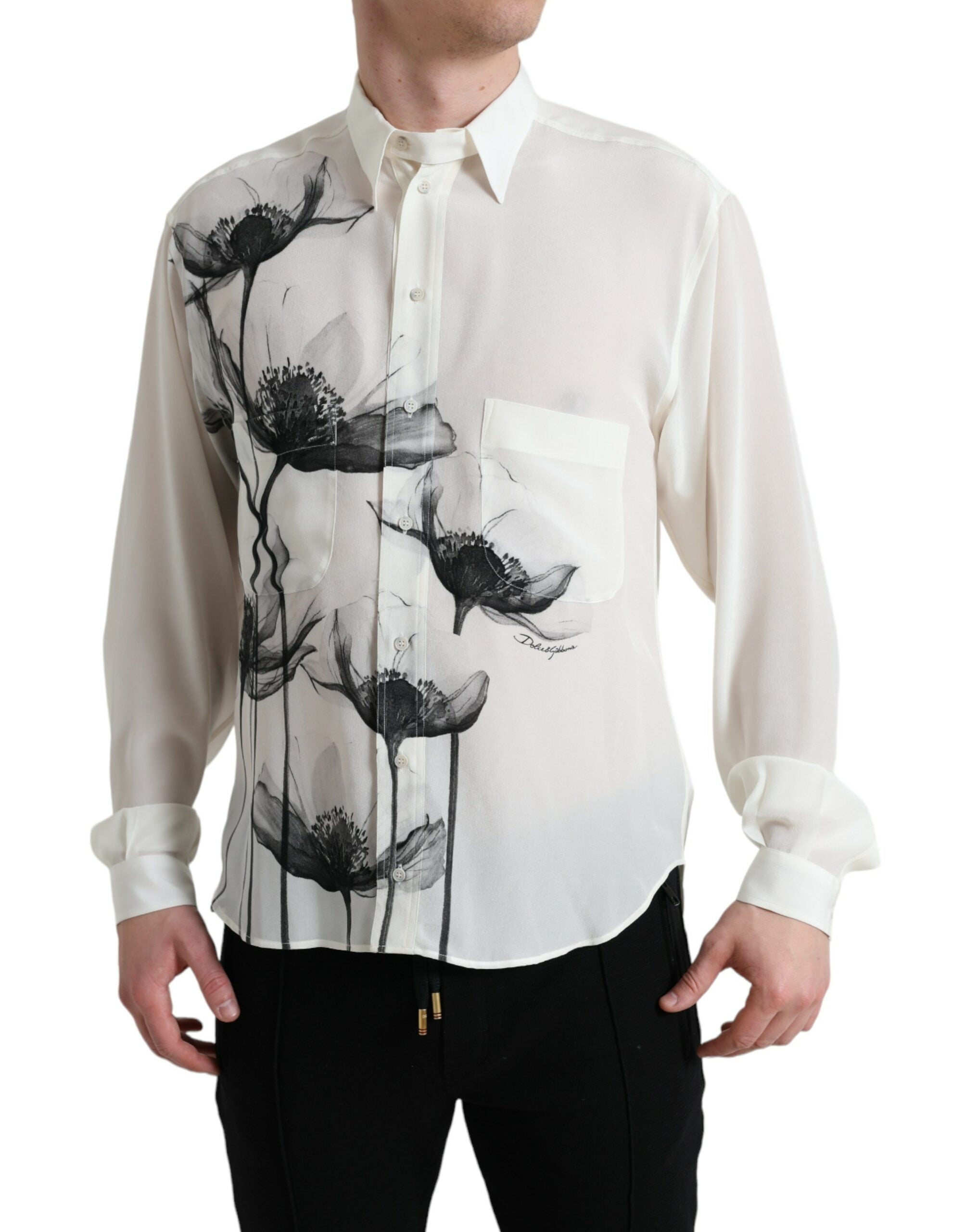 Witte zijden blouse met bloemenprint en kraag