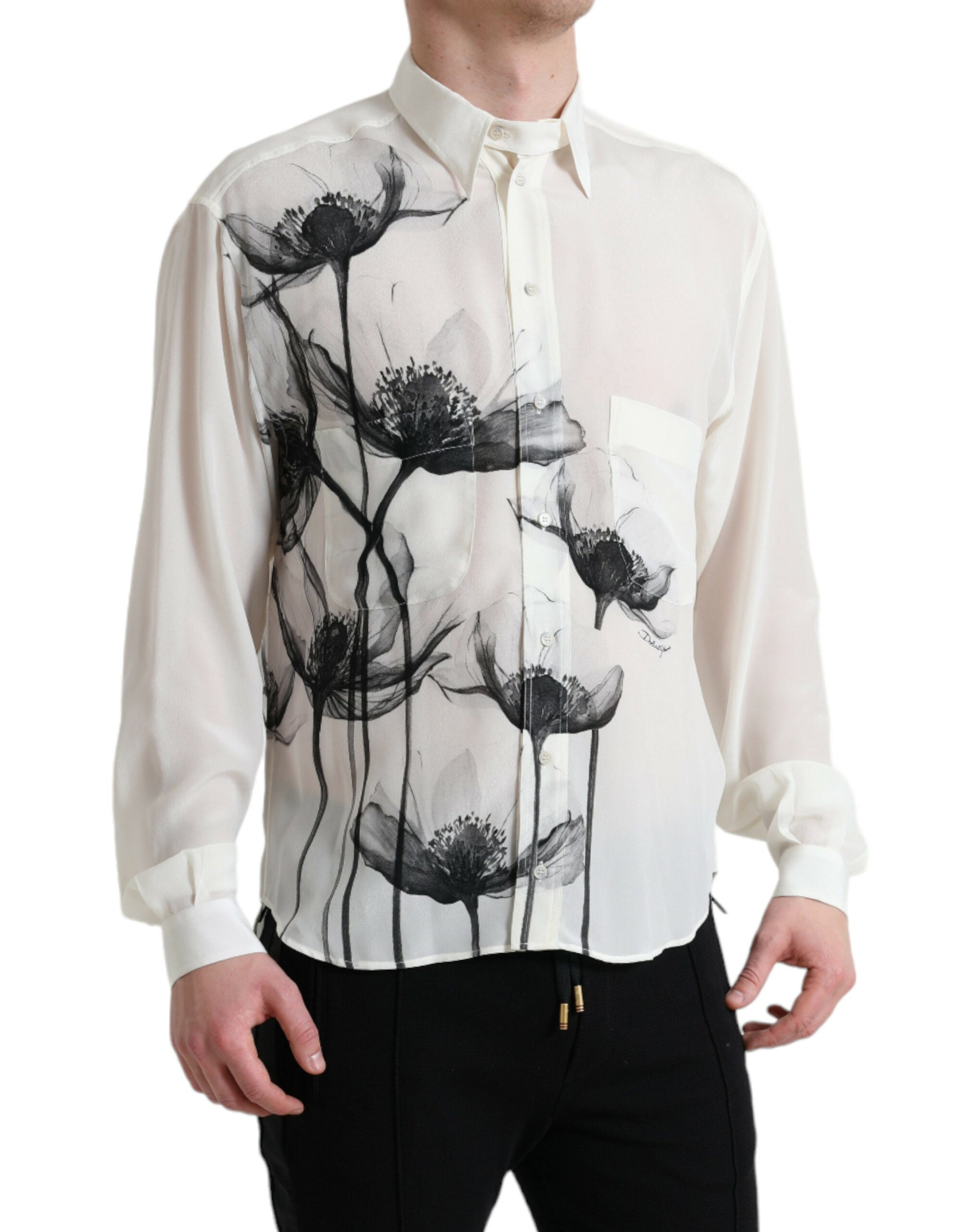 Witte zijden blouse met bloemenprint en kraag