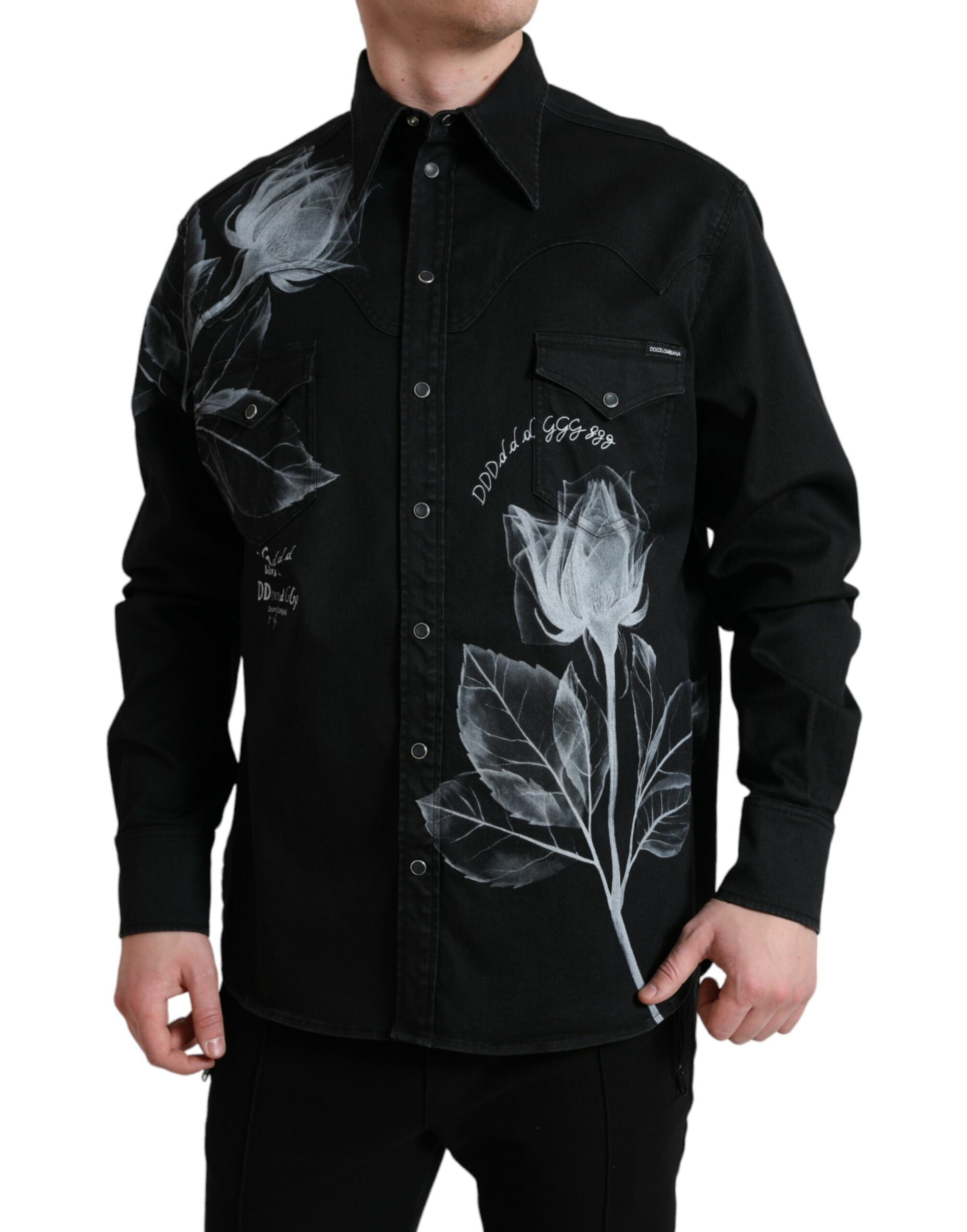 Zwart katoenen overhemd met bloemenprint en kraag