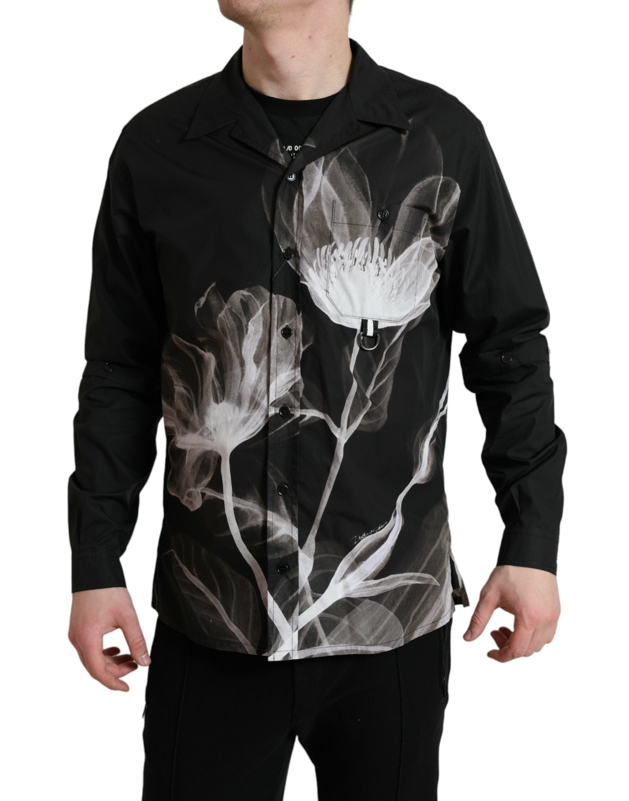 Zwart katoenen overhemd met lange mouwen en bloemenprint voor heren