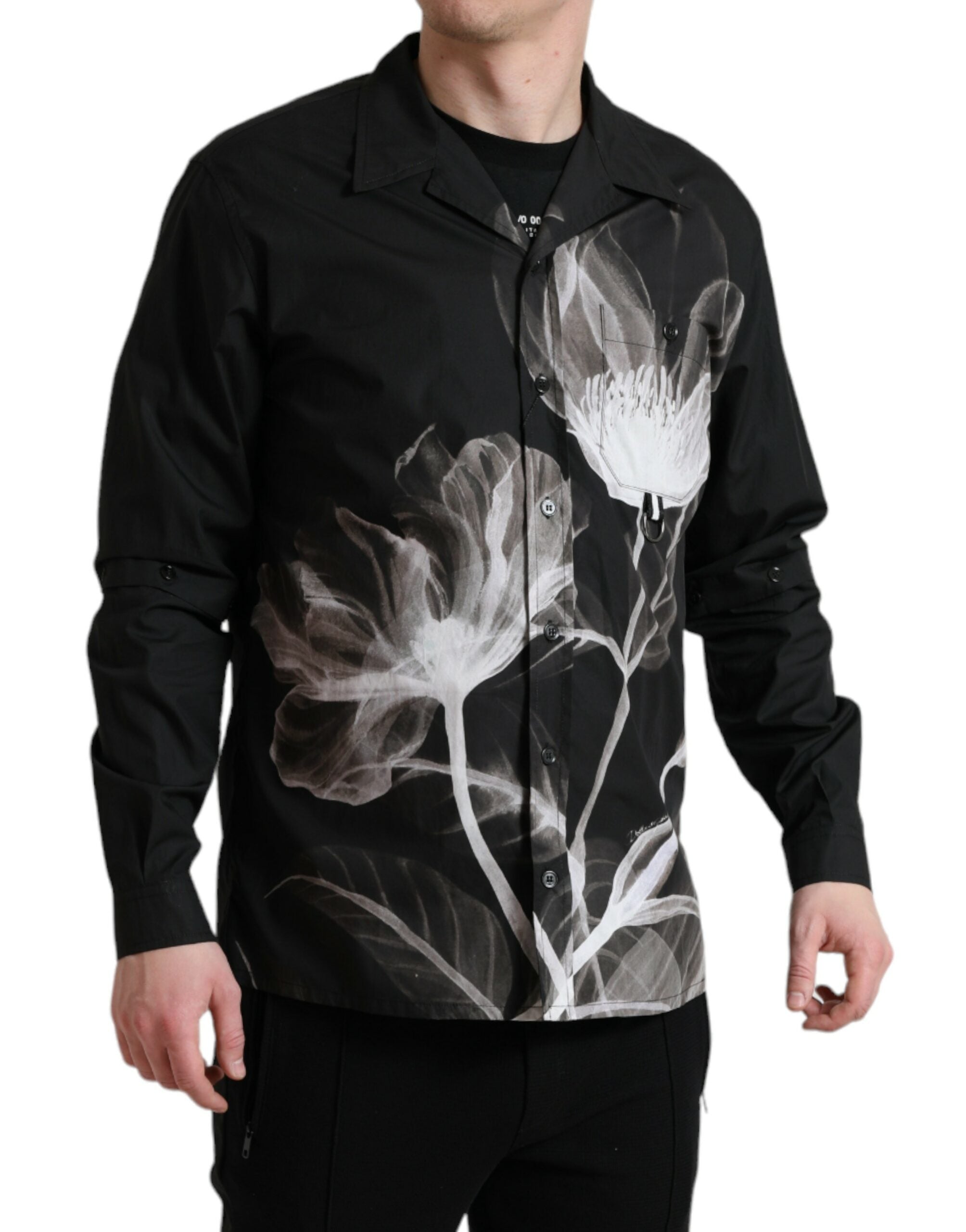 Zwart katoenen overhemd met lange mouwen en bloemenprint voor heren