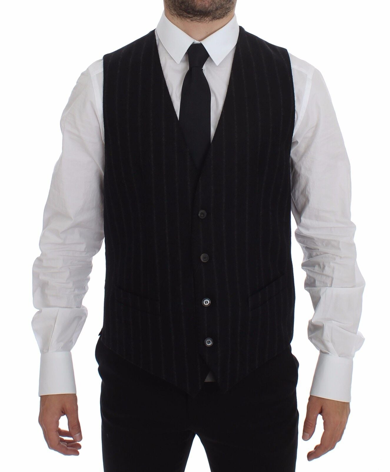 Zwart gestreept wollen vest met logo