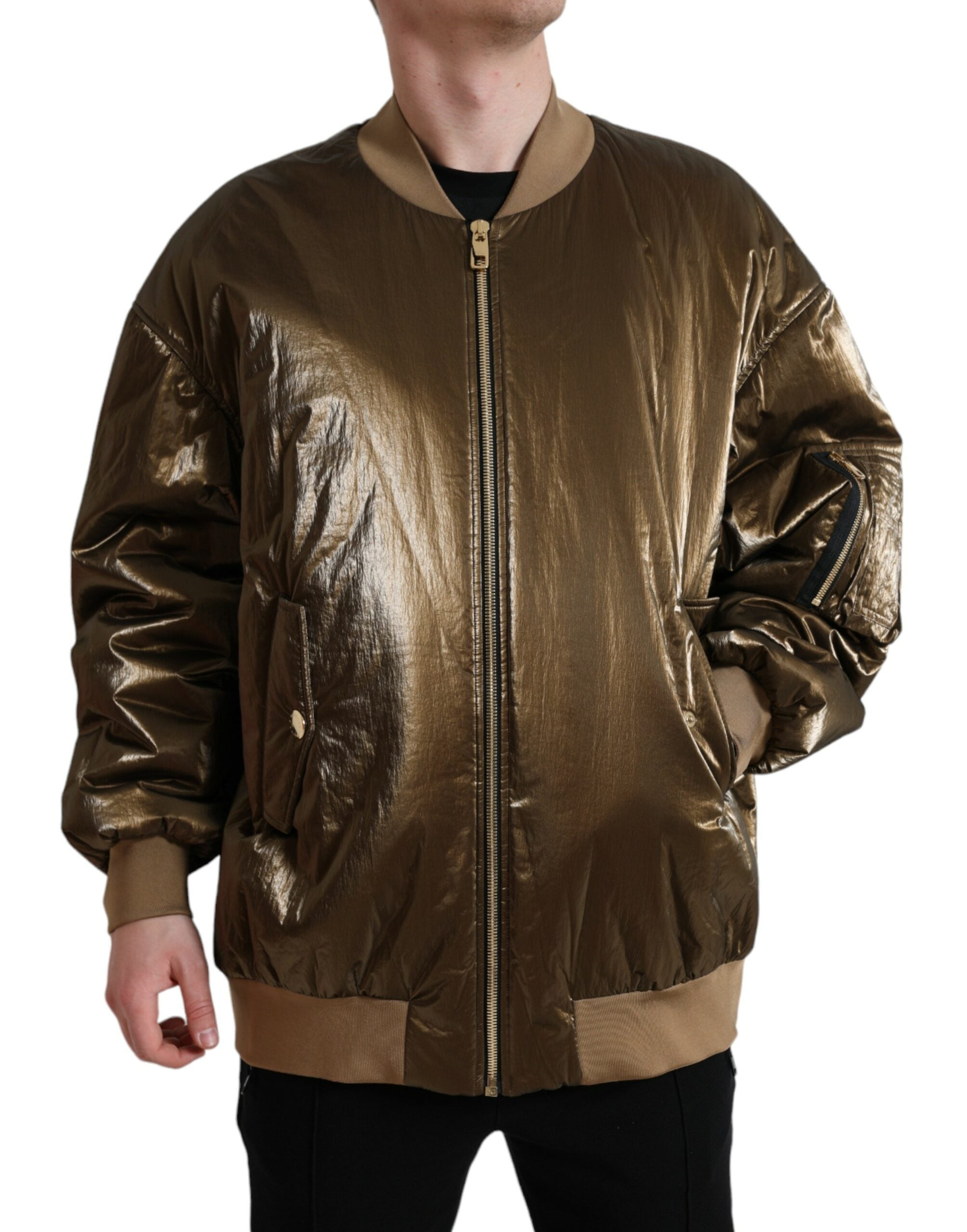 Bronzen nylon bomberjack met volledige ritssluiting voor heren