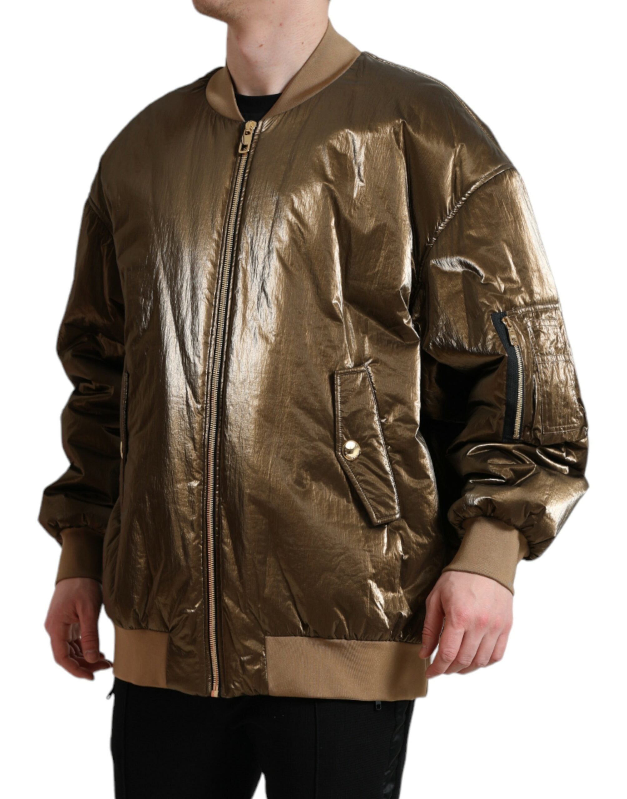 Bronzen nylon bomberjack met volledige ritssluiting voor heren