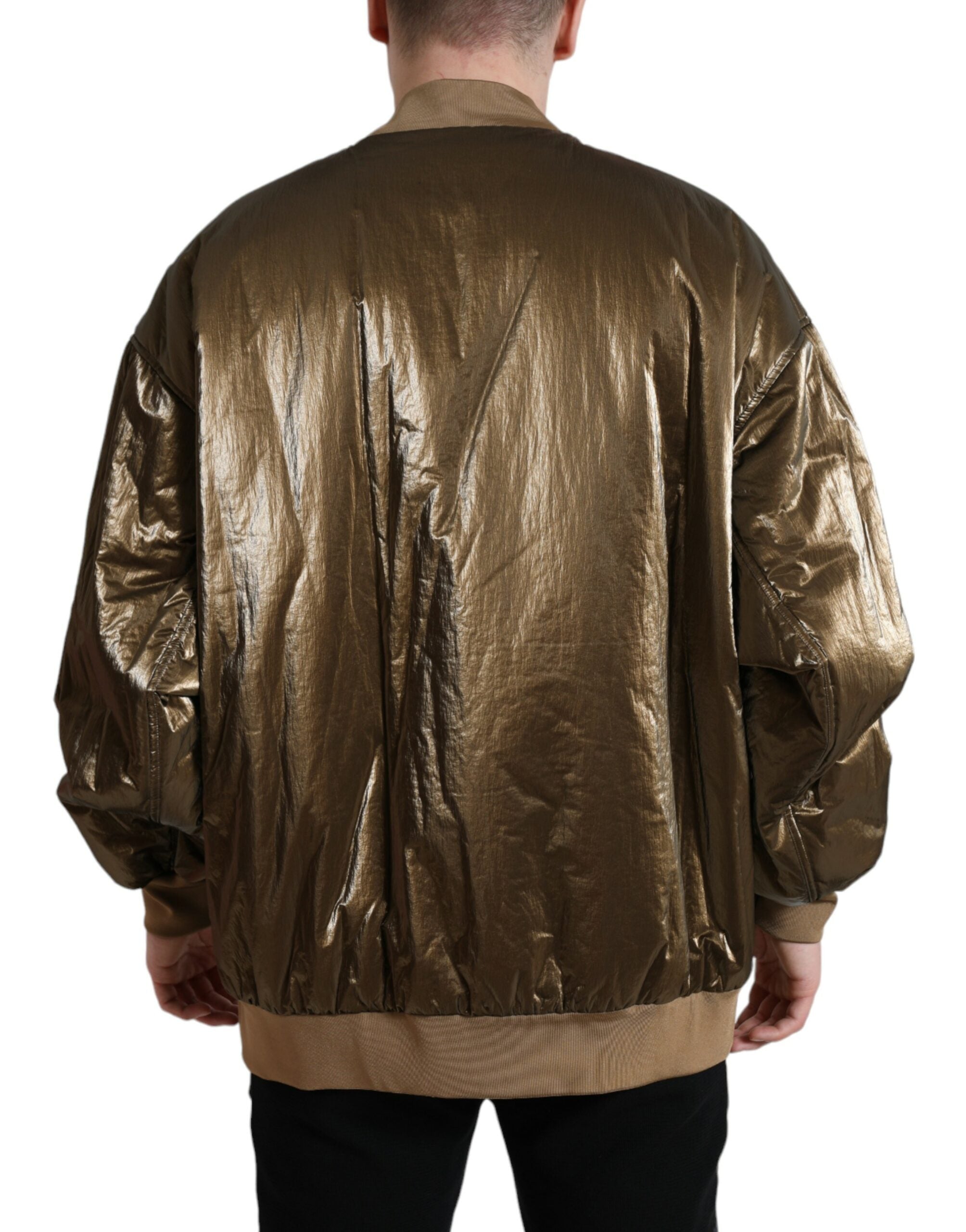 Bronzen nylon bomberjack met volledige ritssluiting voor heren