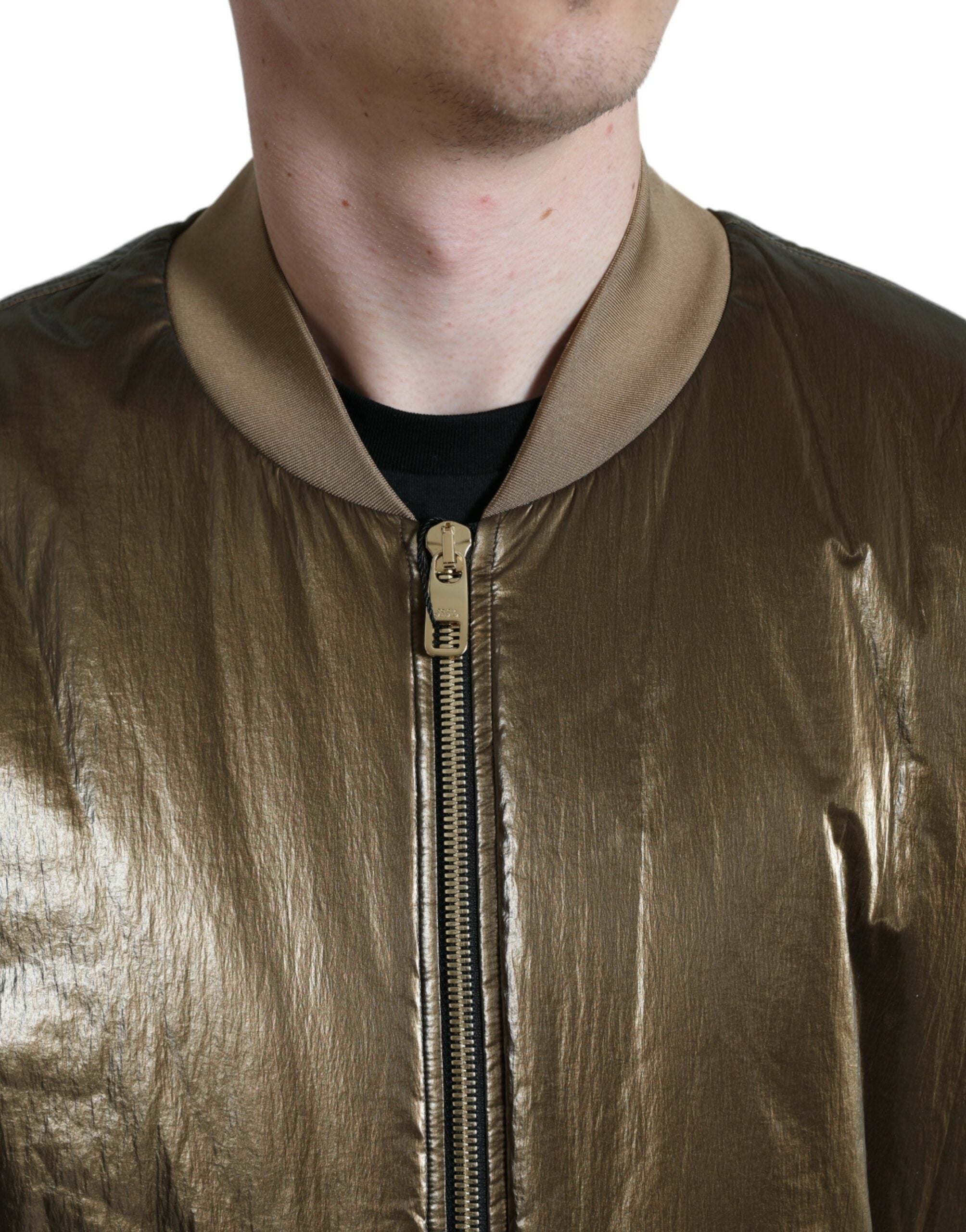 Bronzen nylon bomberjack met volledige ritssluiting voor heren