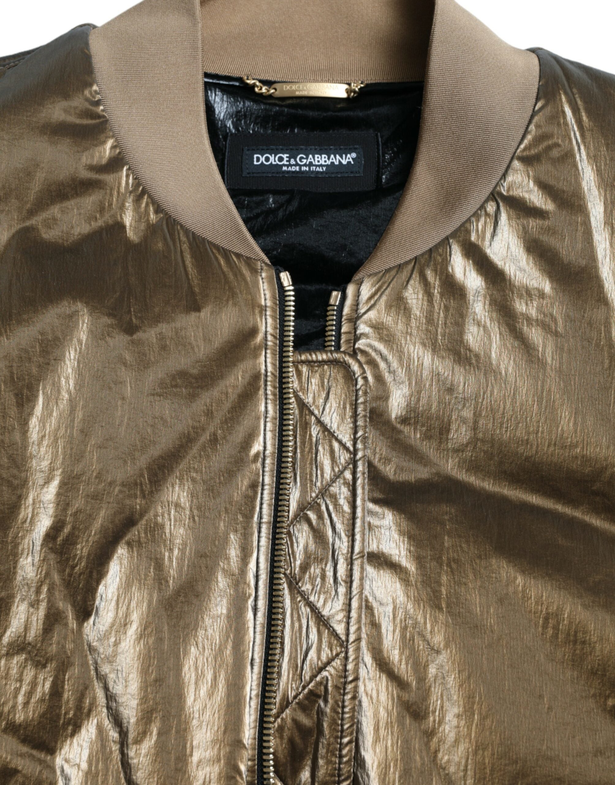 Bronzen nylon bomberjack met volledige ritssluiting voor heren