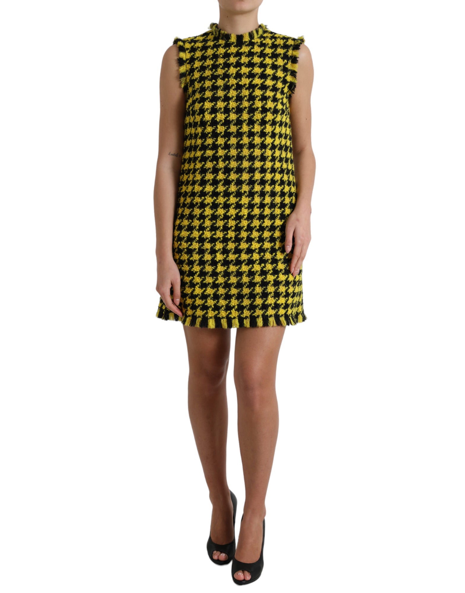 Gele Pied-de-poule mouwloze Aline mini-jurk
