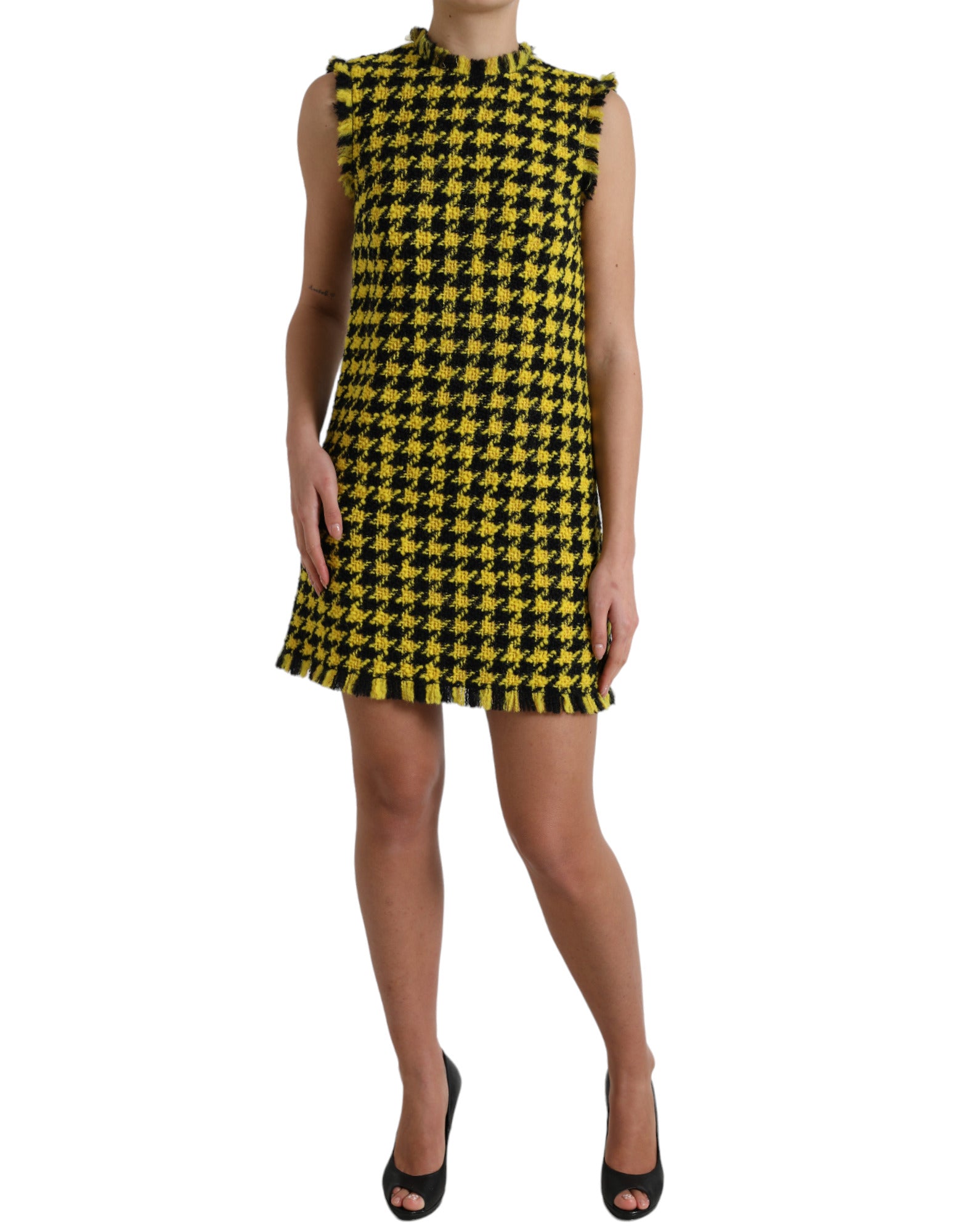 Gele Pied-de-poule mouwloze Aline mini-jurk