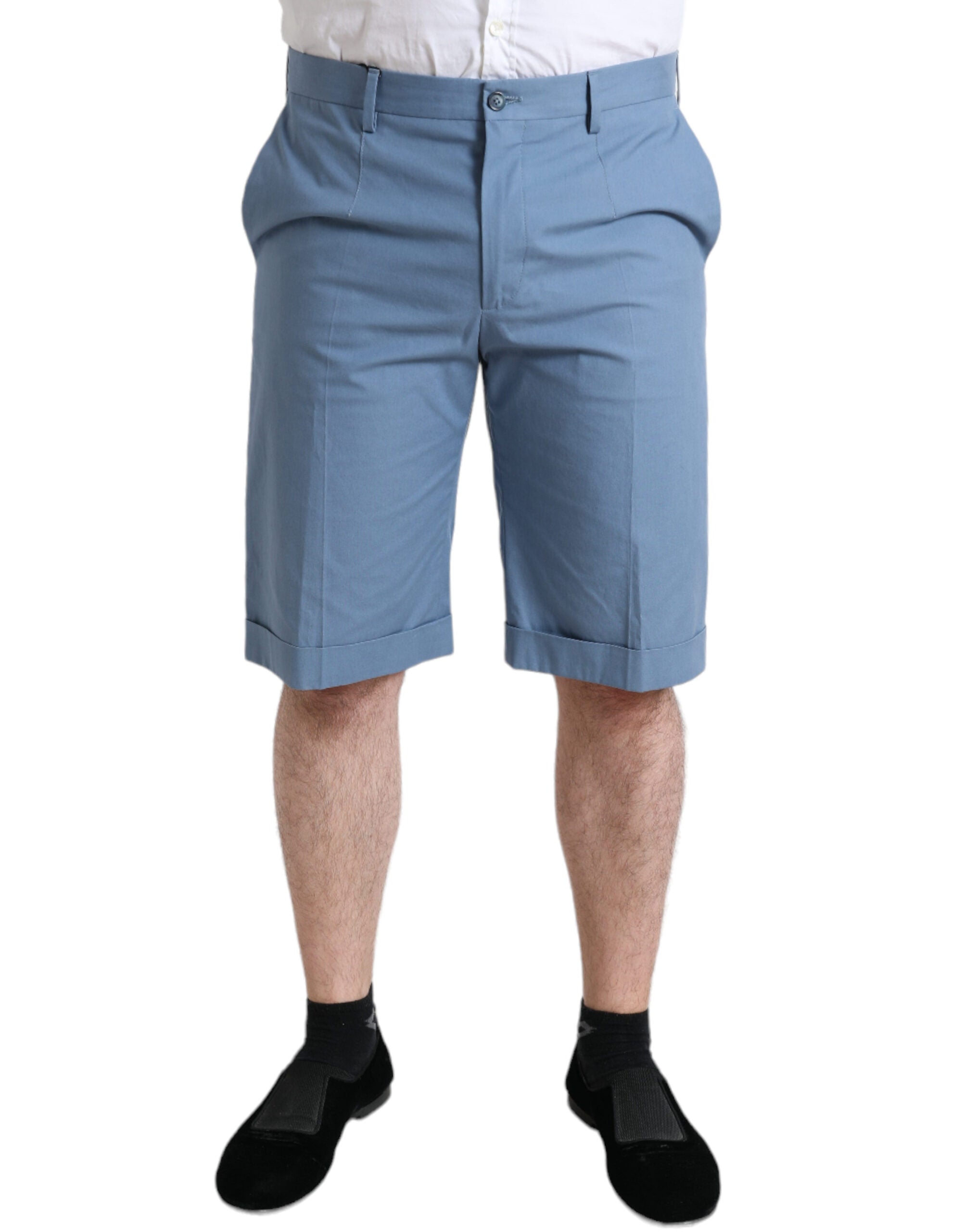 Hemelsblauwe katoenen Bermuda-shorts met gevouwen zoom voor heren