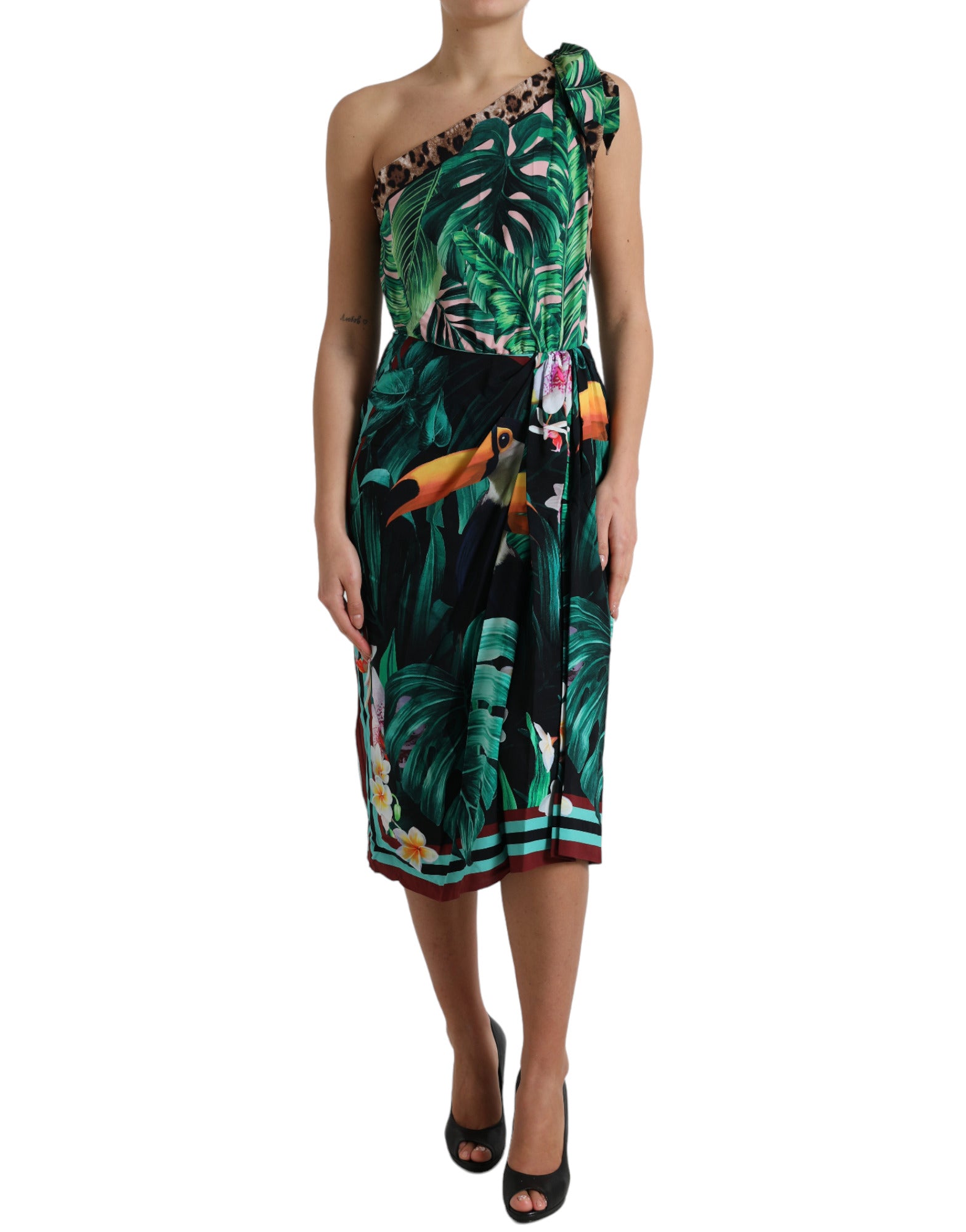 Groene tropische jungleprint midi-jurk met één schouder