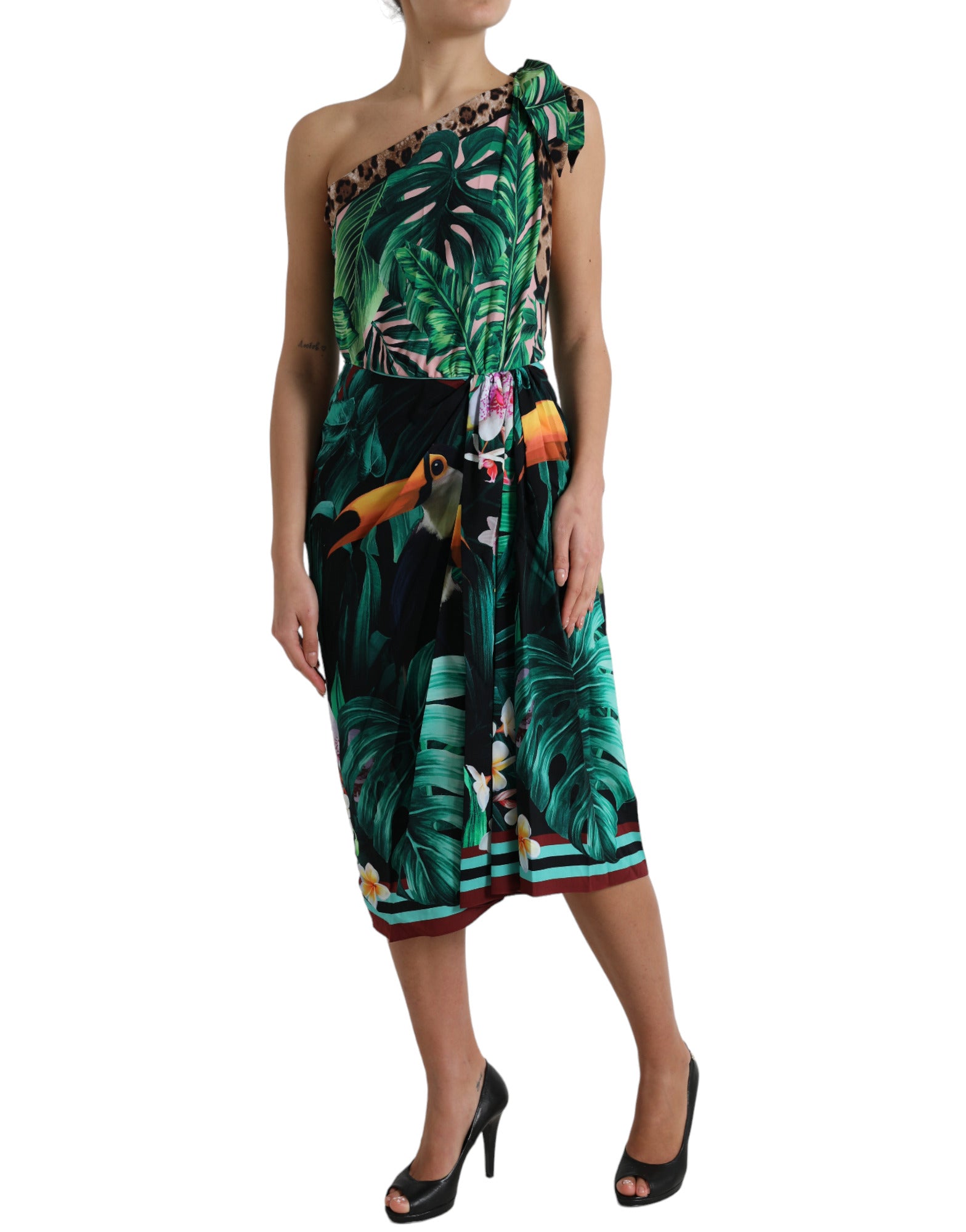 Groene tropische jungleprint midi-jurk met één schouder